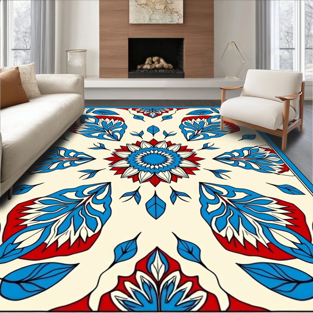 Floral Abstract Red Blue Cream Rug