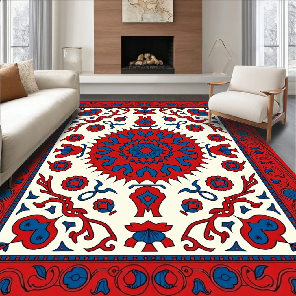 Crimson Red Royal Blue Floral Medallion Rug