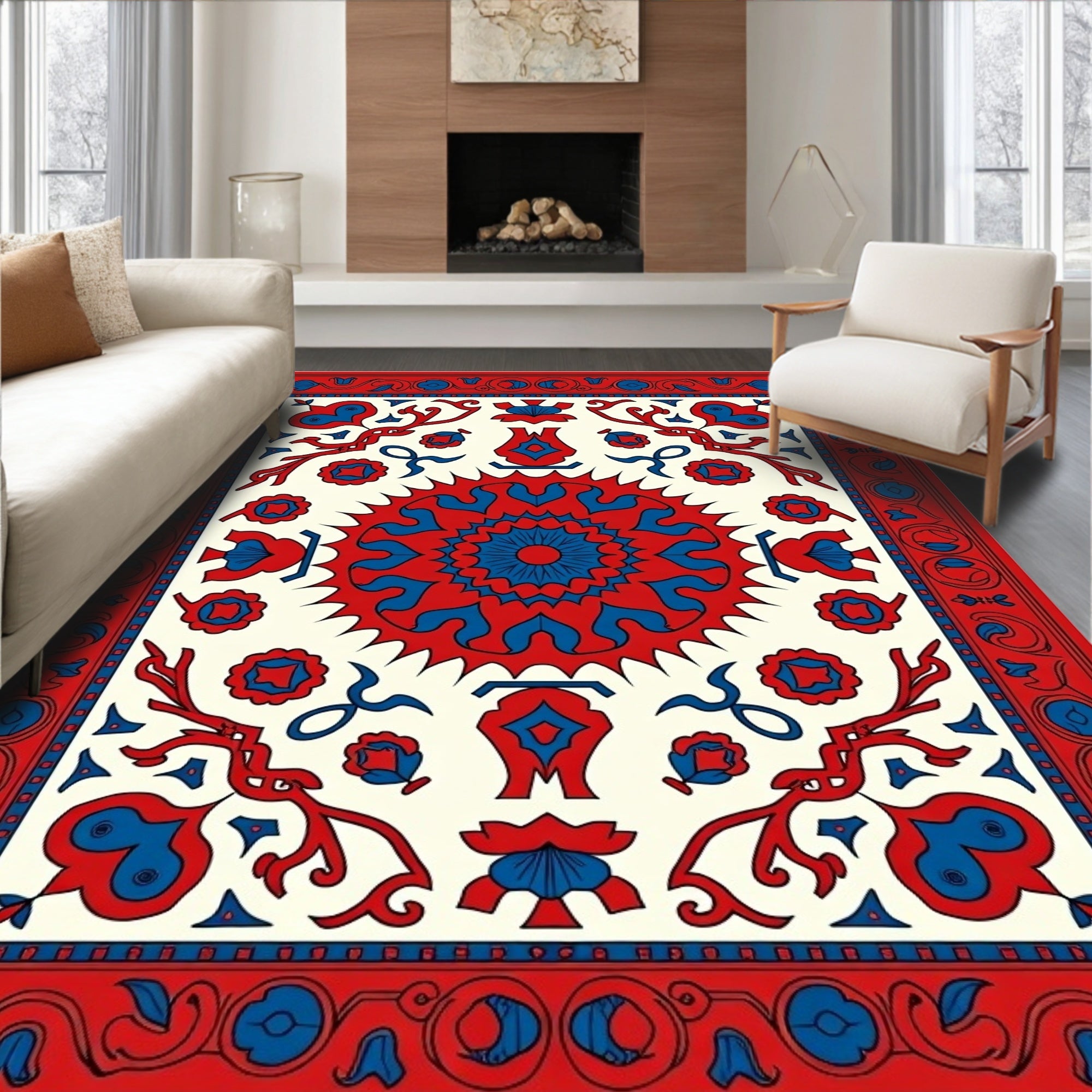 Crimson Red Royal Blue Floral Medallion Rug