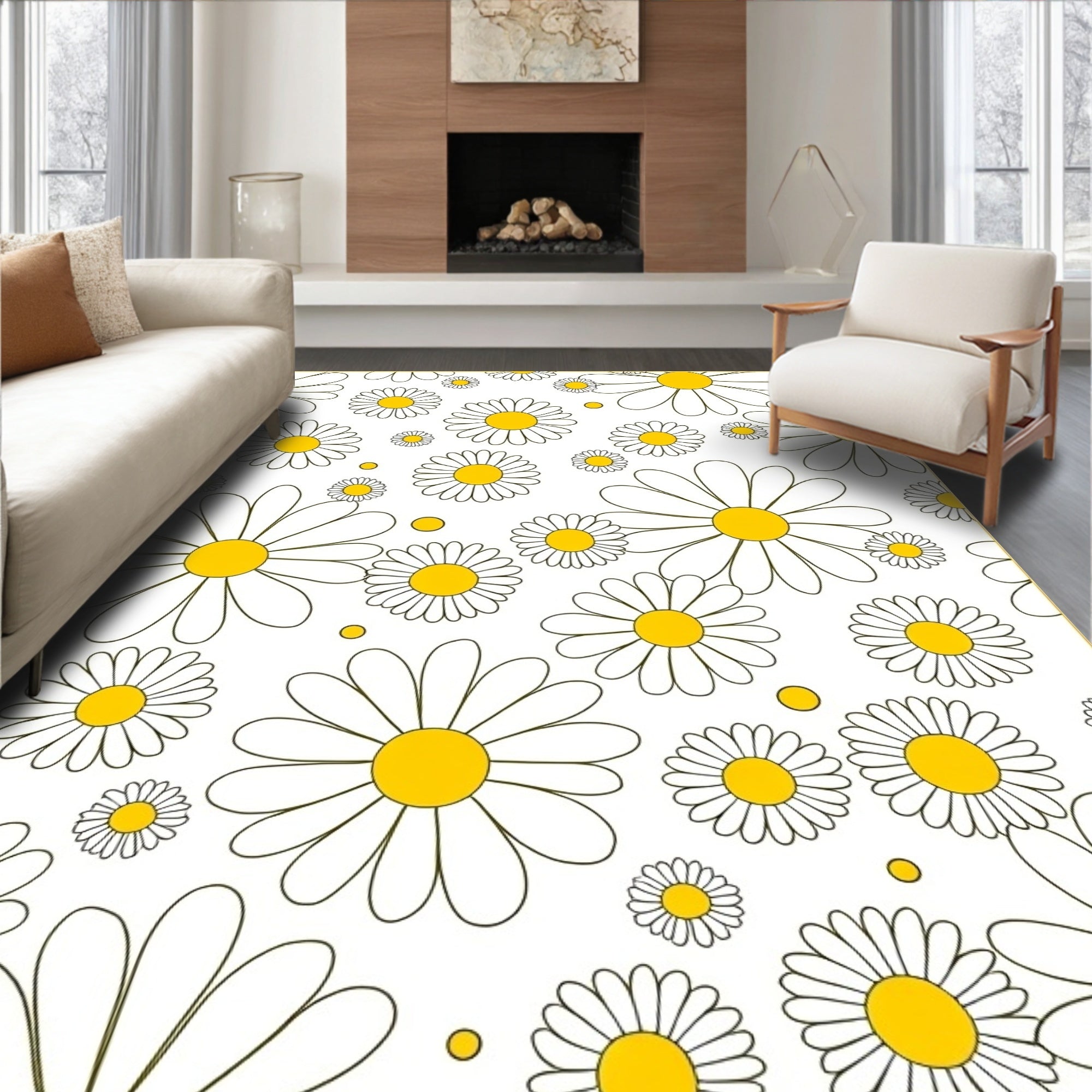 Daisy Floral Pattern With Yellow Centers Rug