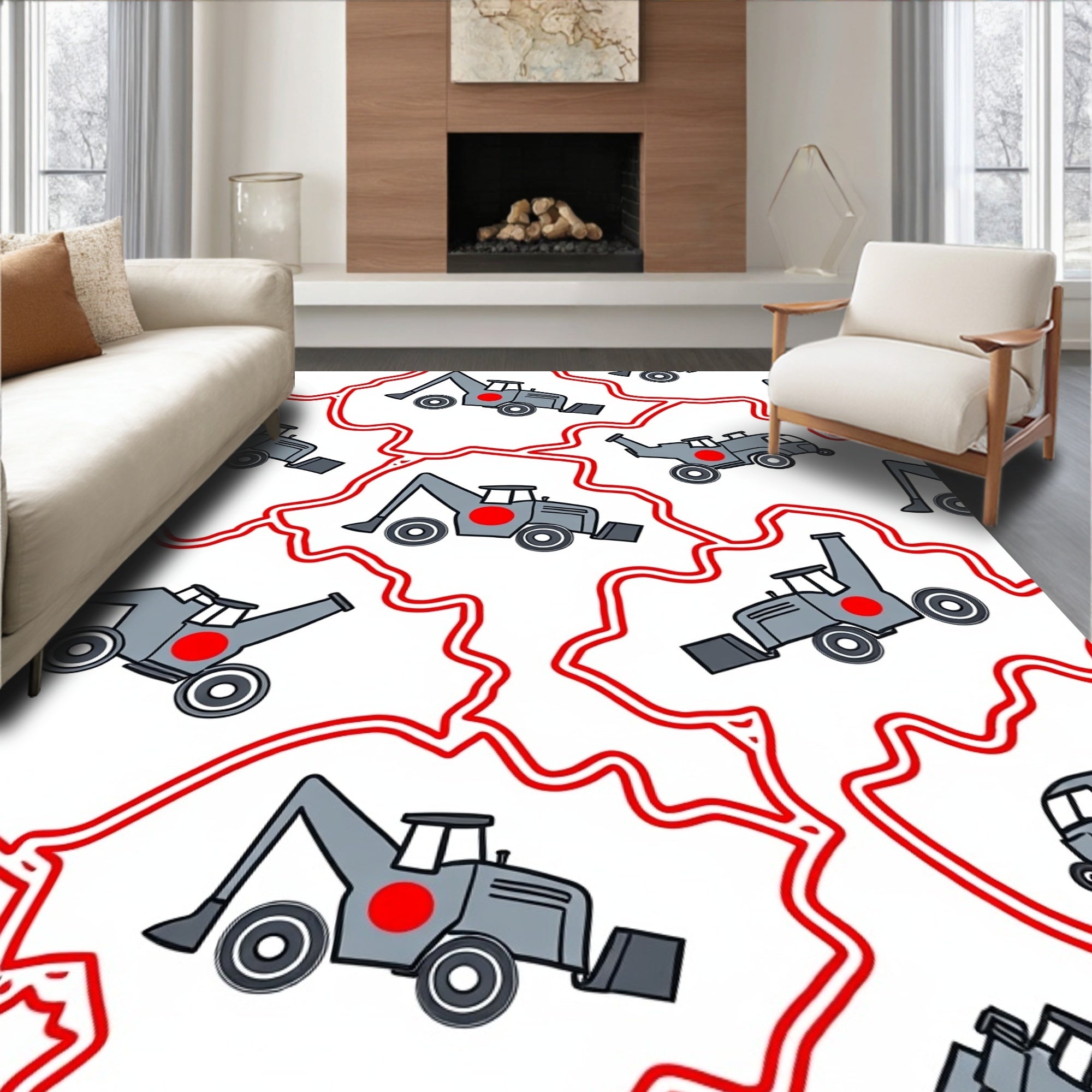 Gray Excavator Pattern With Red Outline Rug