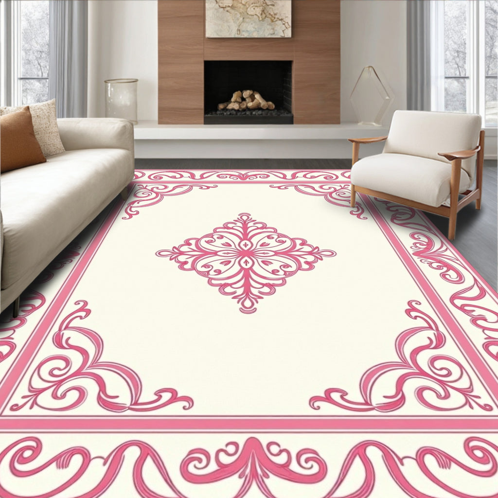 Elegant Pink Floral Scrollwork Frame Rug