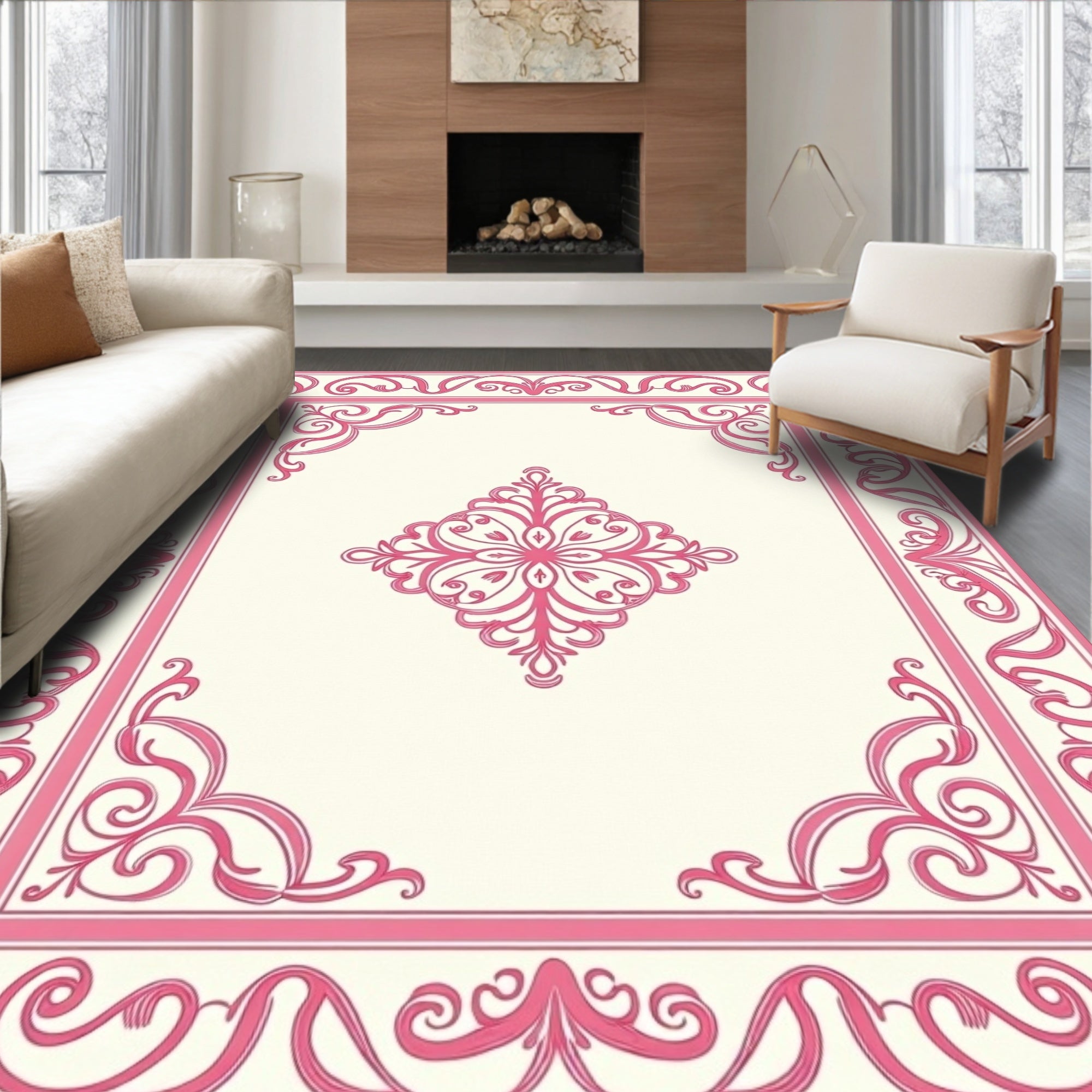 Elegant Pink Floral Scrollwork Frame Rug