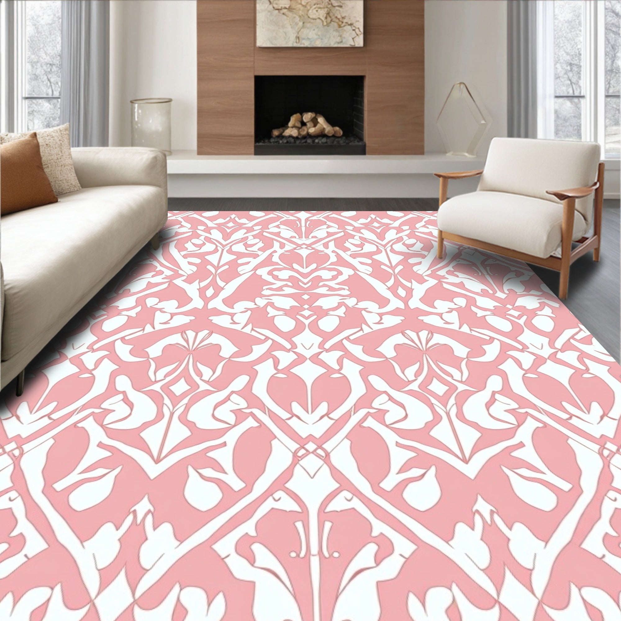 Classic Intricate Pink Damask Pattern Rug
