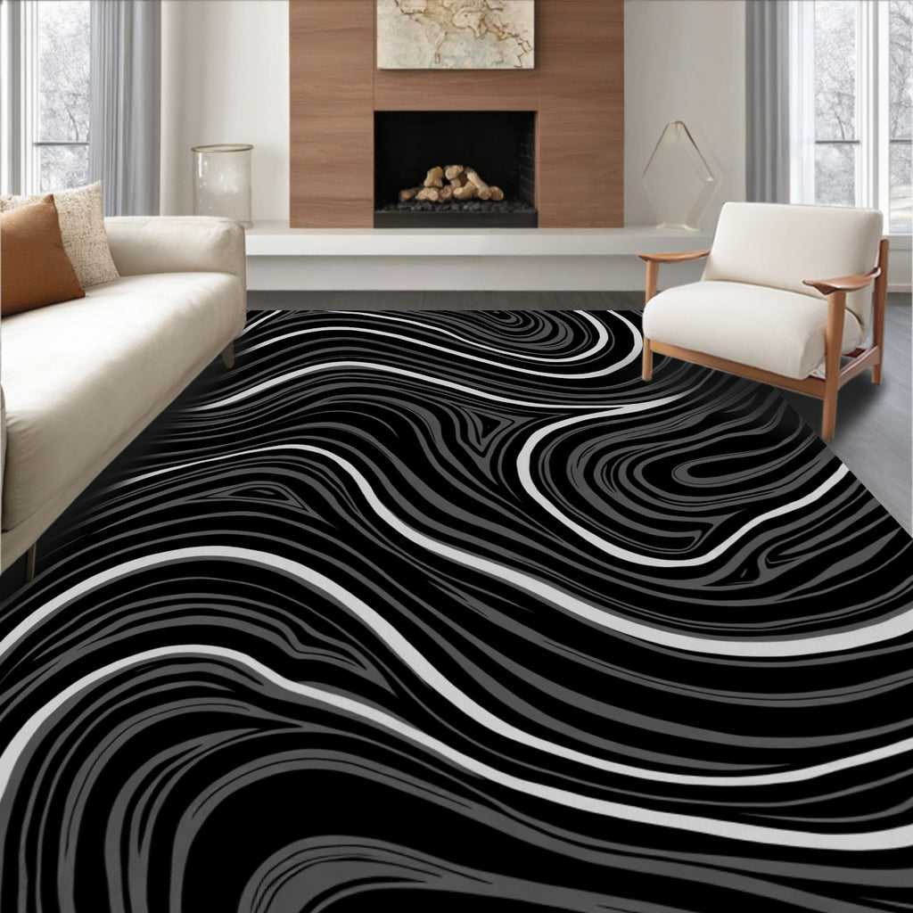 Chic Black And White Swirl Pattern Rug