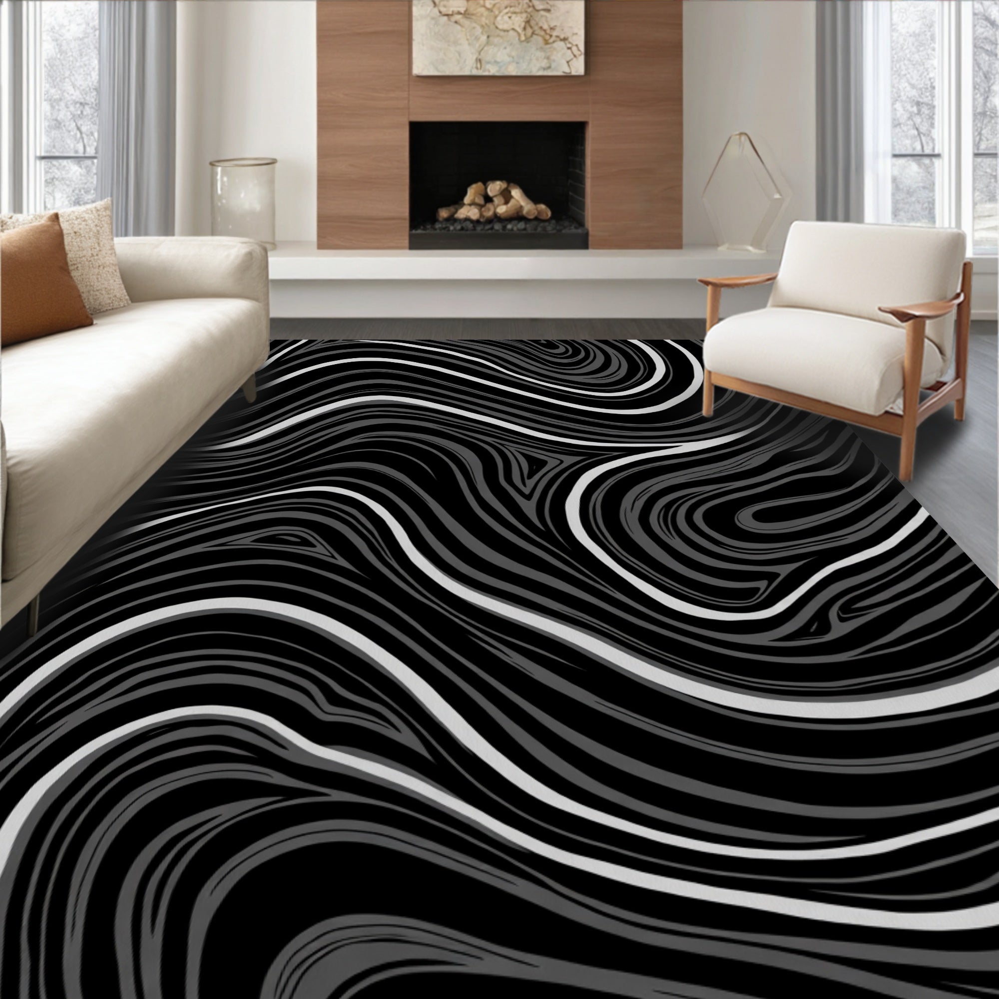 Chic Black And White Swirl Pattern Rug