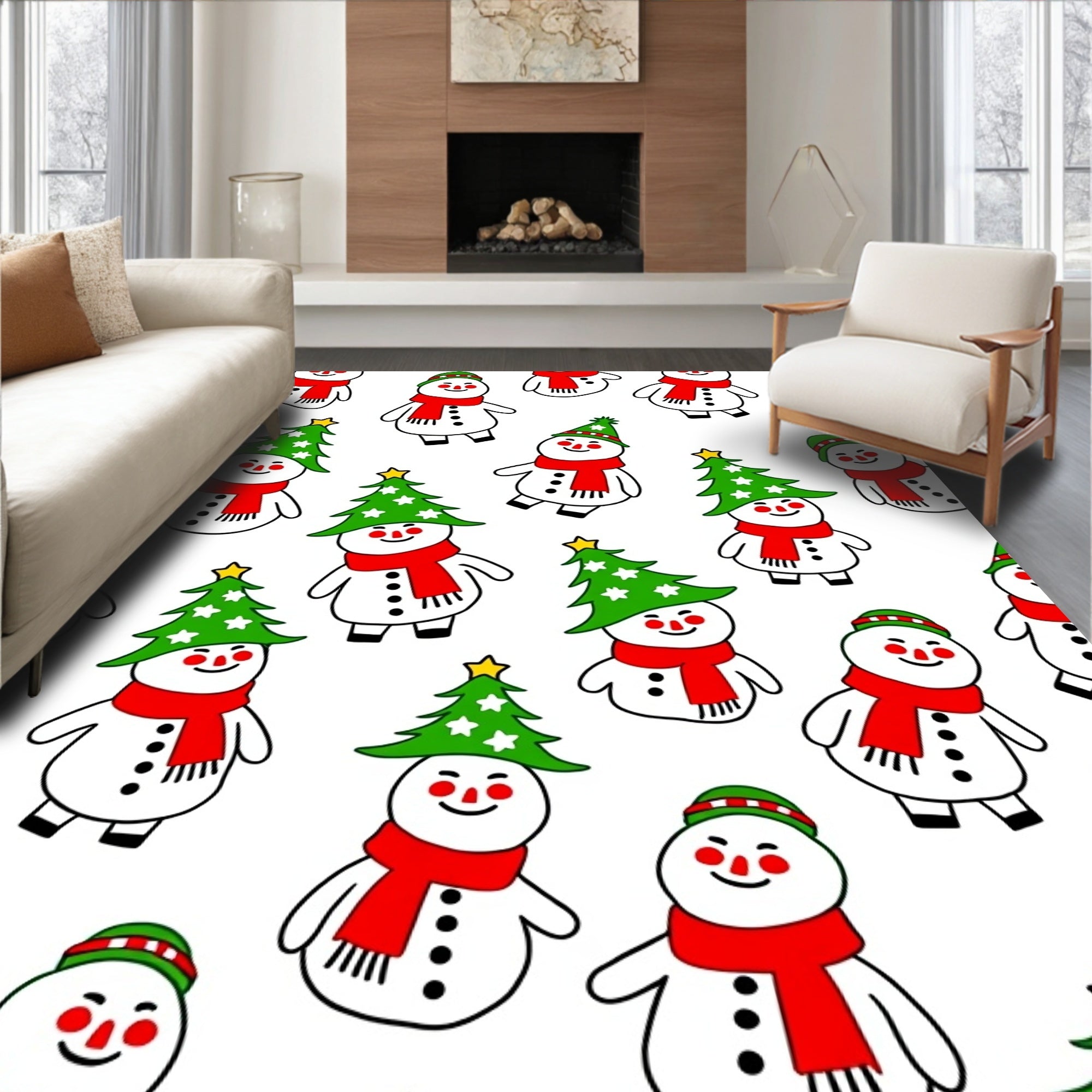 Joyful Snowmen Red Scarf Christmas Trees Rug