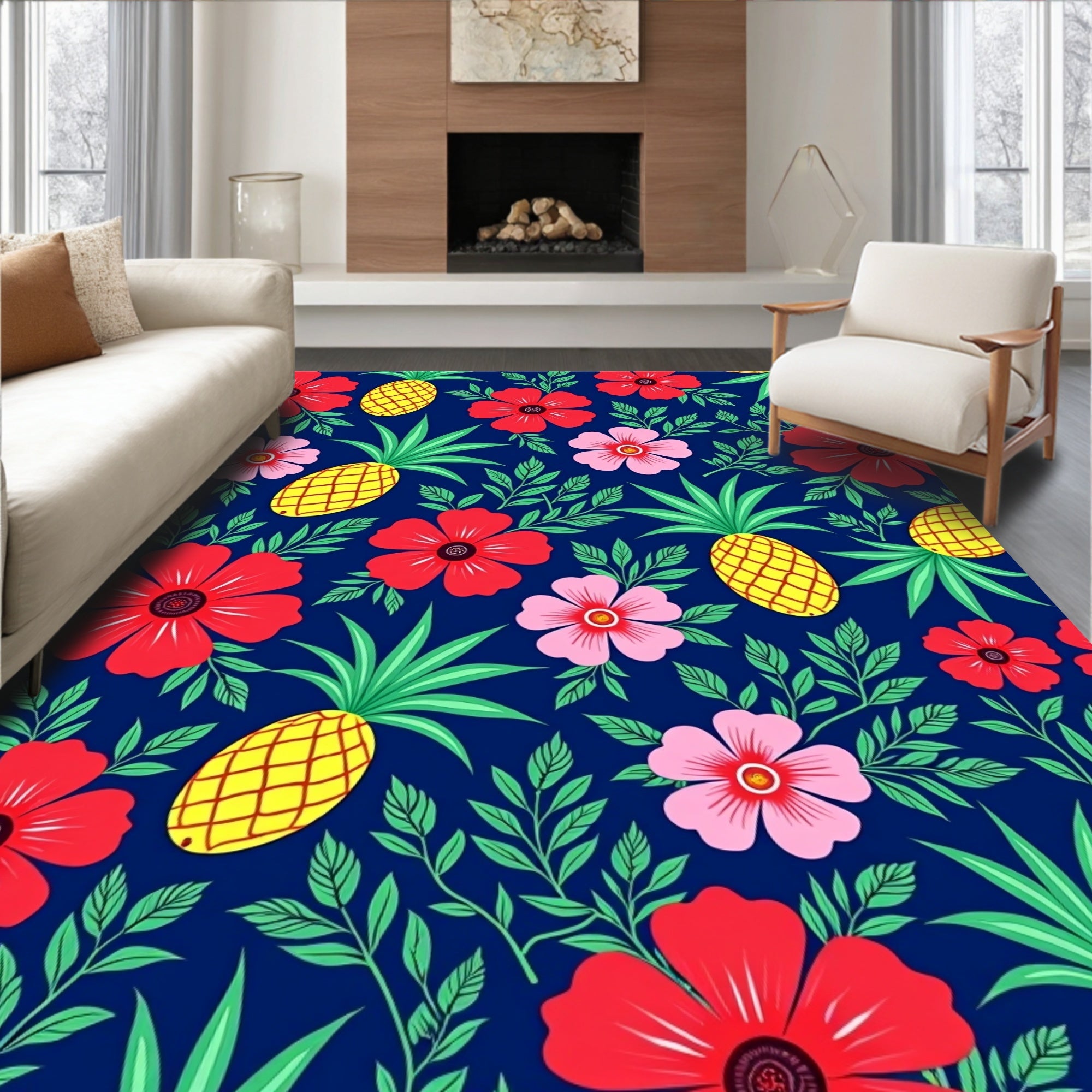Tropical Floral Pineapple Pattern Rug