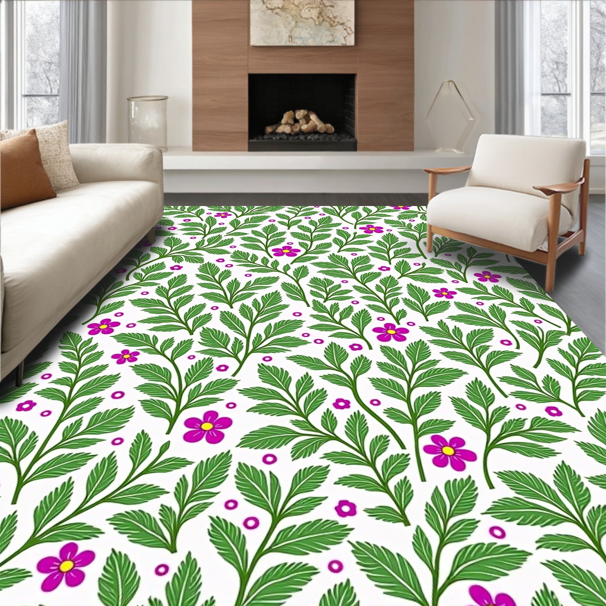 Green Foliage Pink Flower Pattern Rug