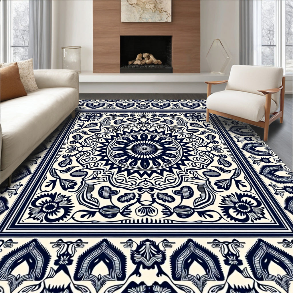 Intricate Floral Medallion Monochrome Design Rug