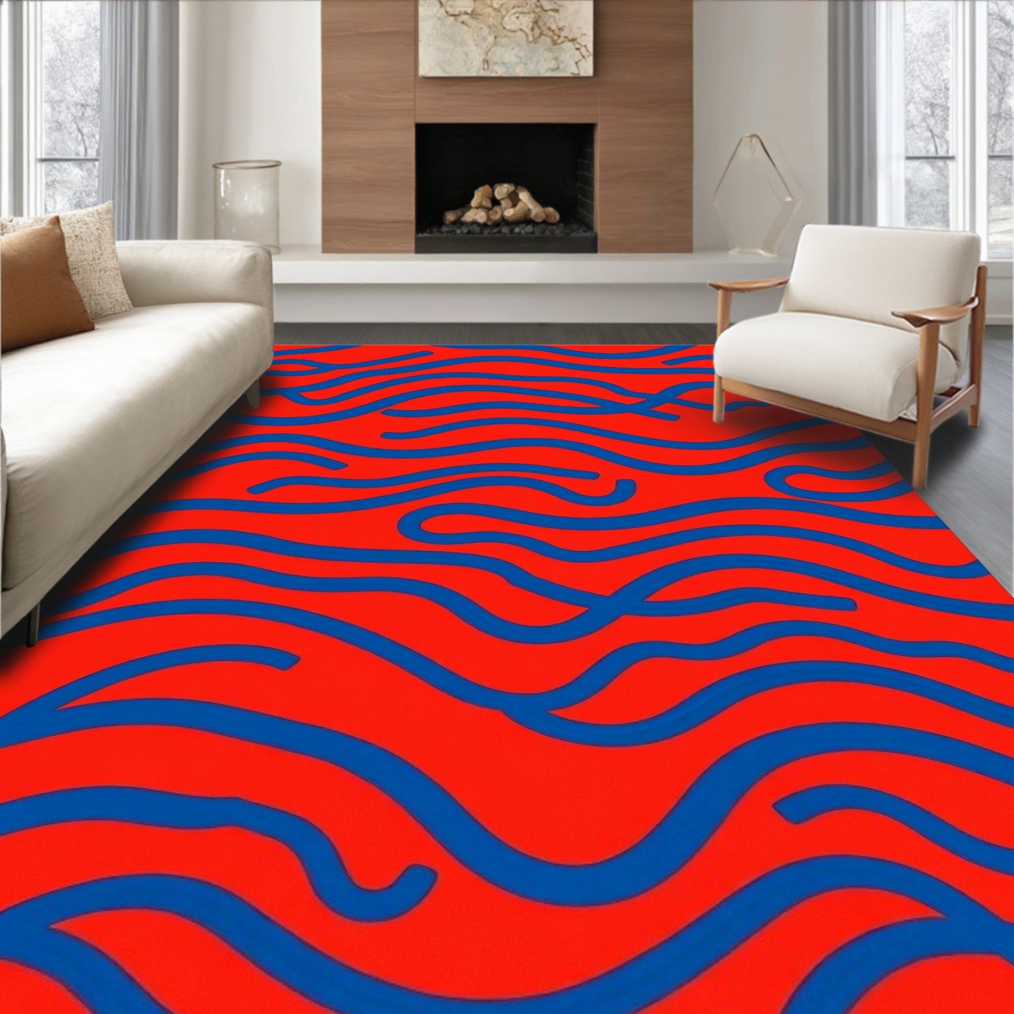 Crimson Blue Wavy Abstract Design Rug