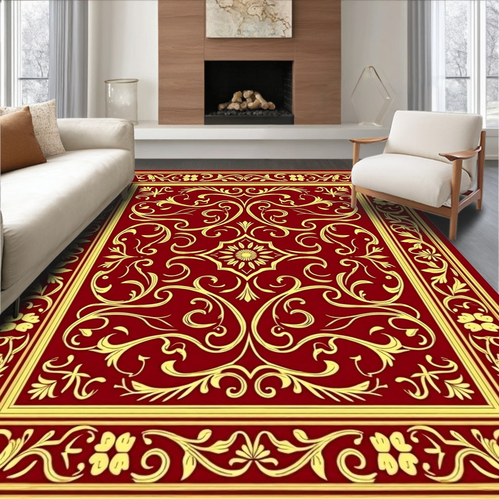 Ornate Red Gold Floral Scroll Rug