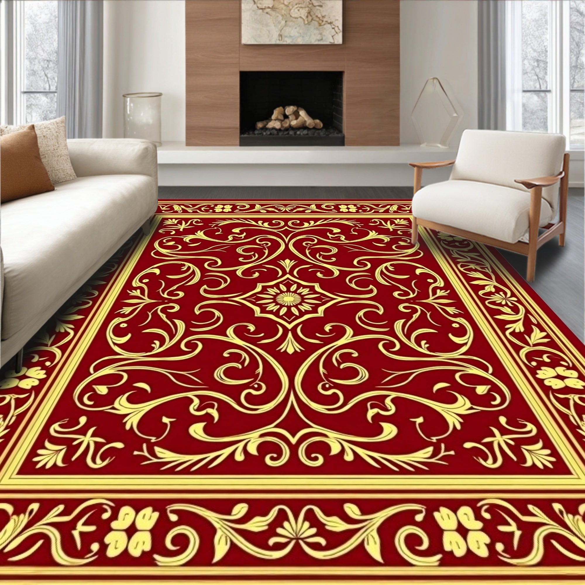 Ornate Red Gold Floral Scroll Rug