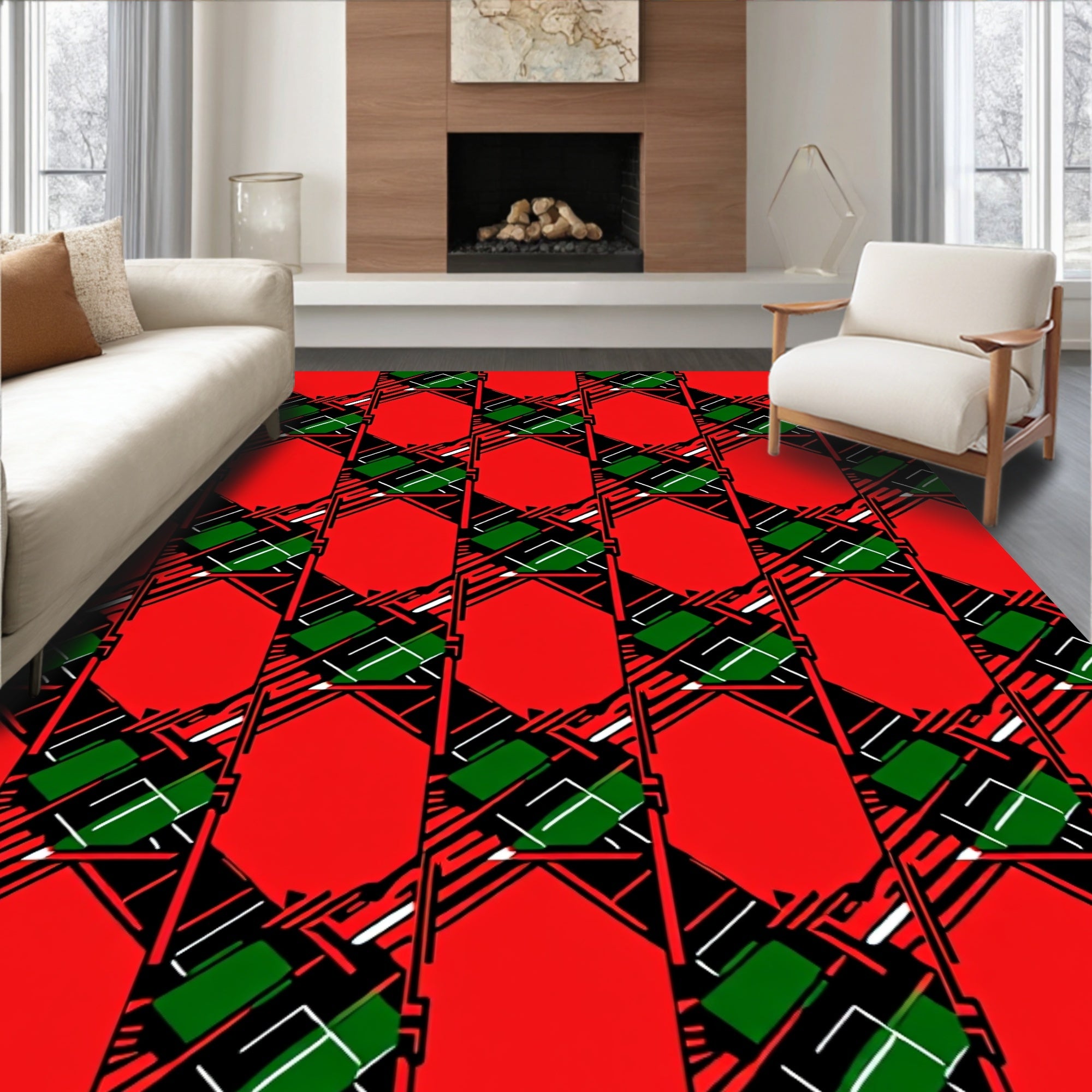 Bold Red Green Geometric Pattern Rug
