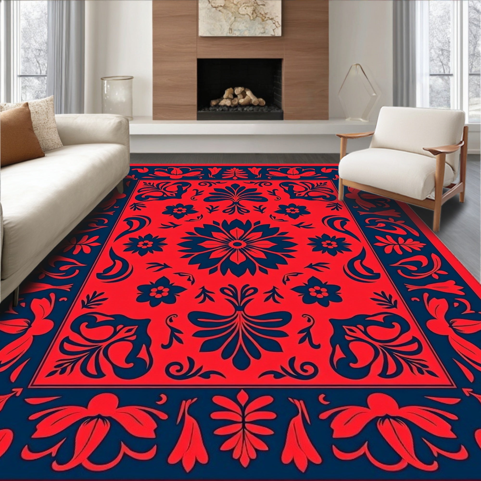 Bold Red Navy Floral Folk Rug