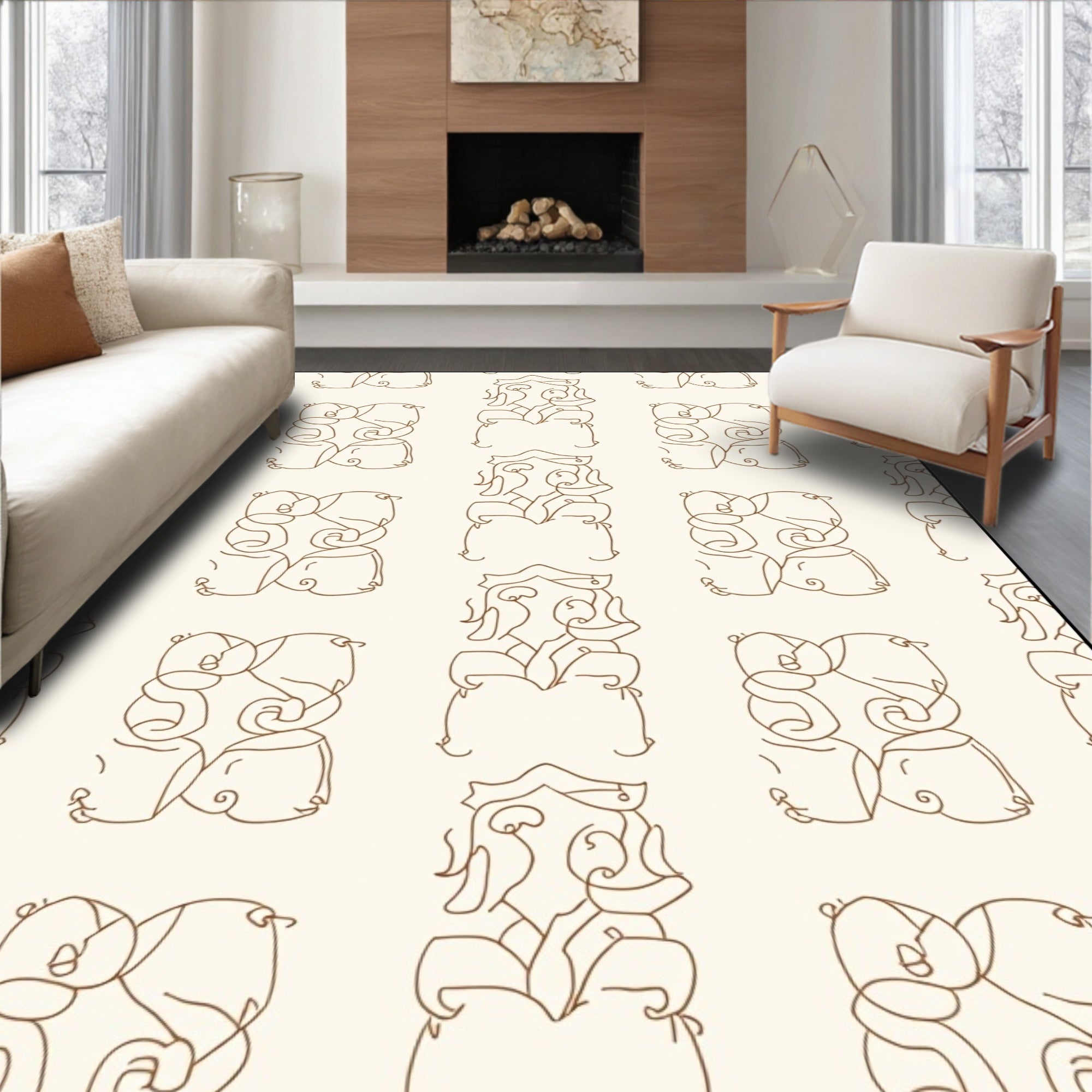 Abstract Scrolls Faces Pattern Design Rug