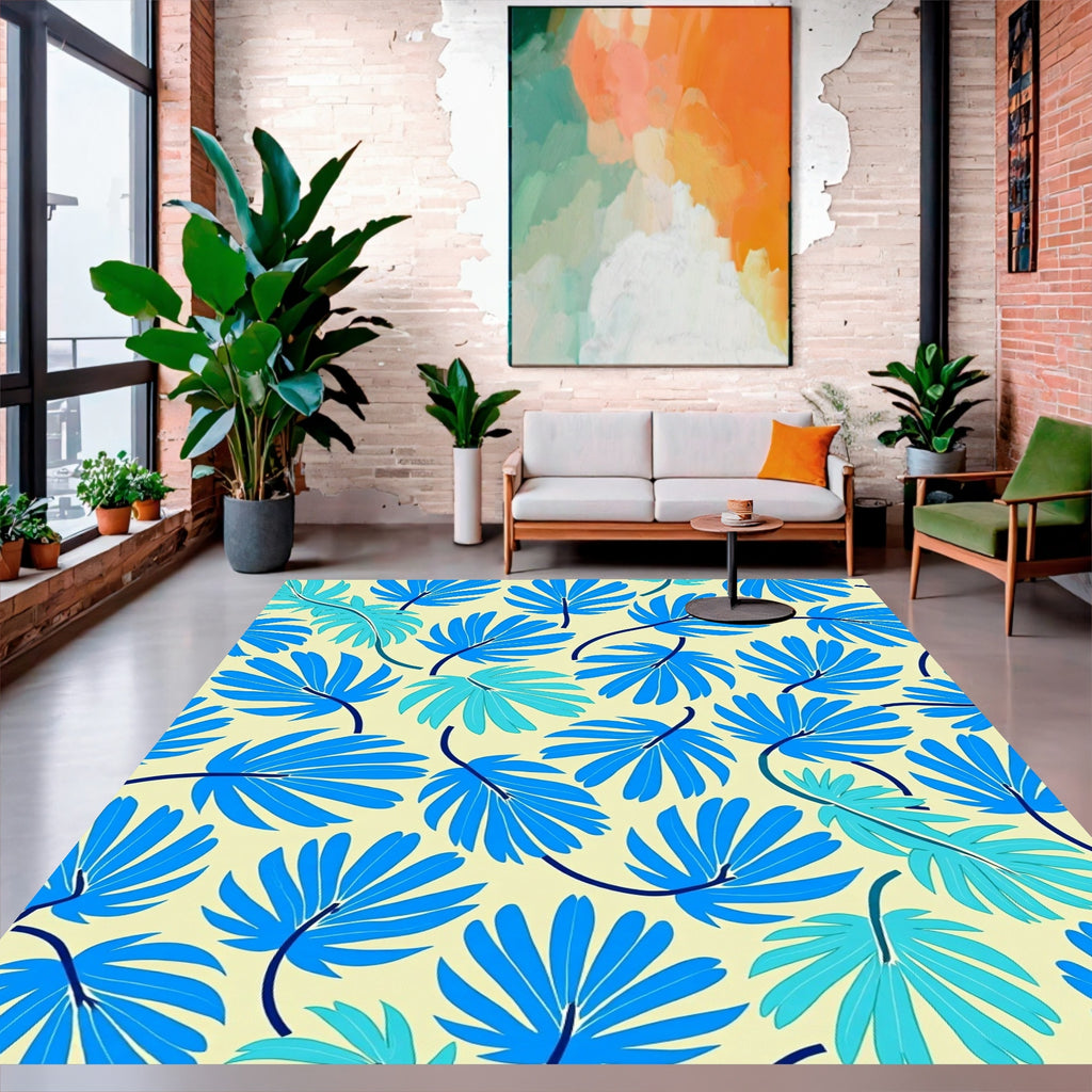 Blue Palm Leaf Pattern Rug