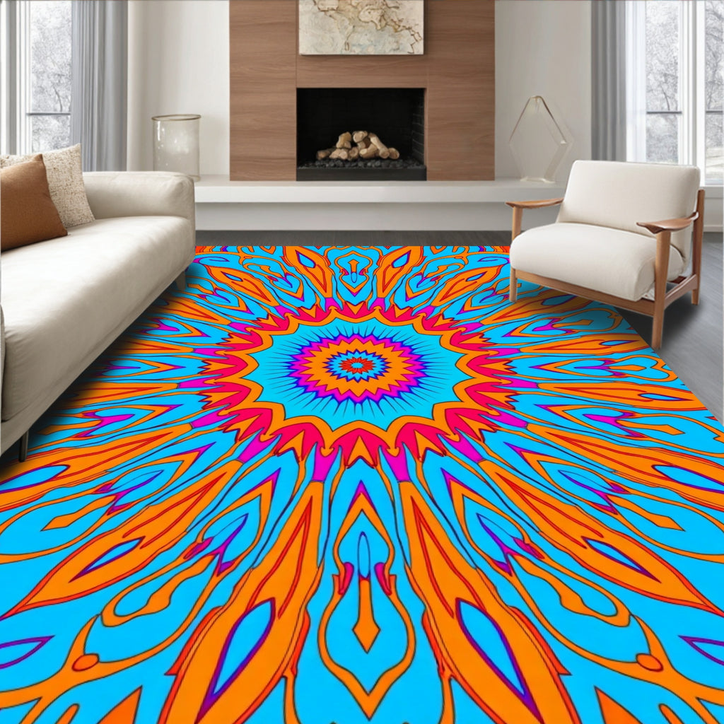 Vibrant Psychedelic Sunburst Mandala Design Rug