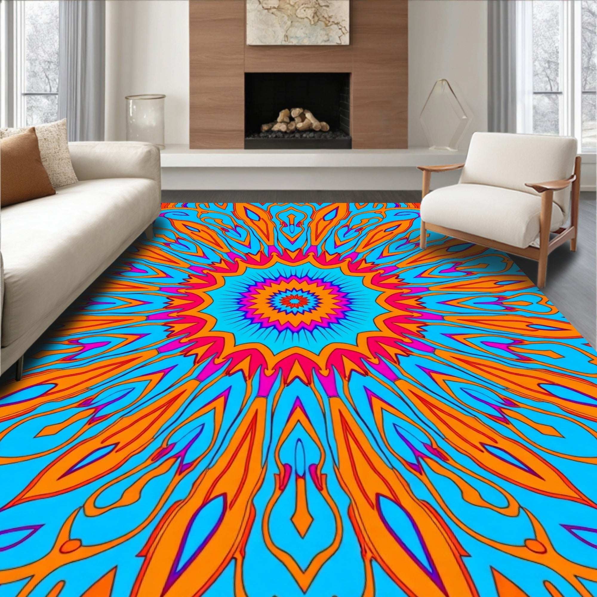 Vibrant Psychedelic Sunburst Mandala Design Rug