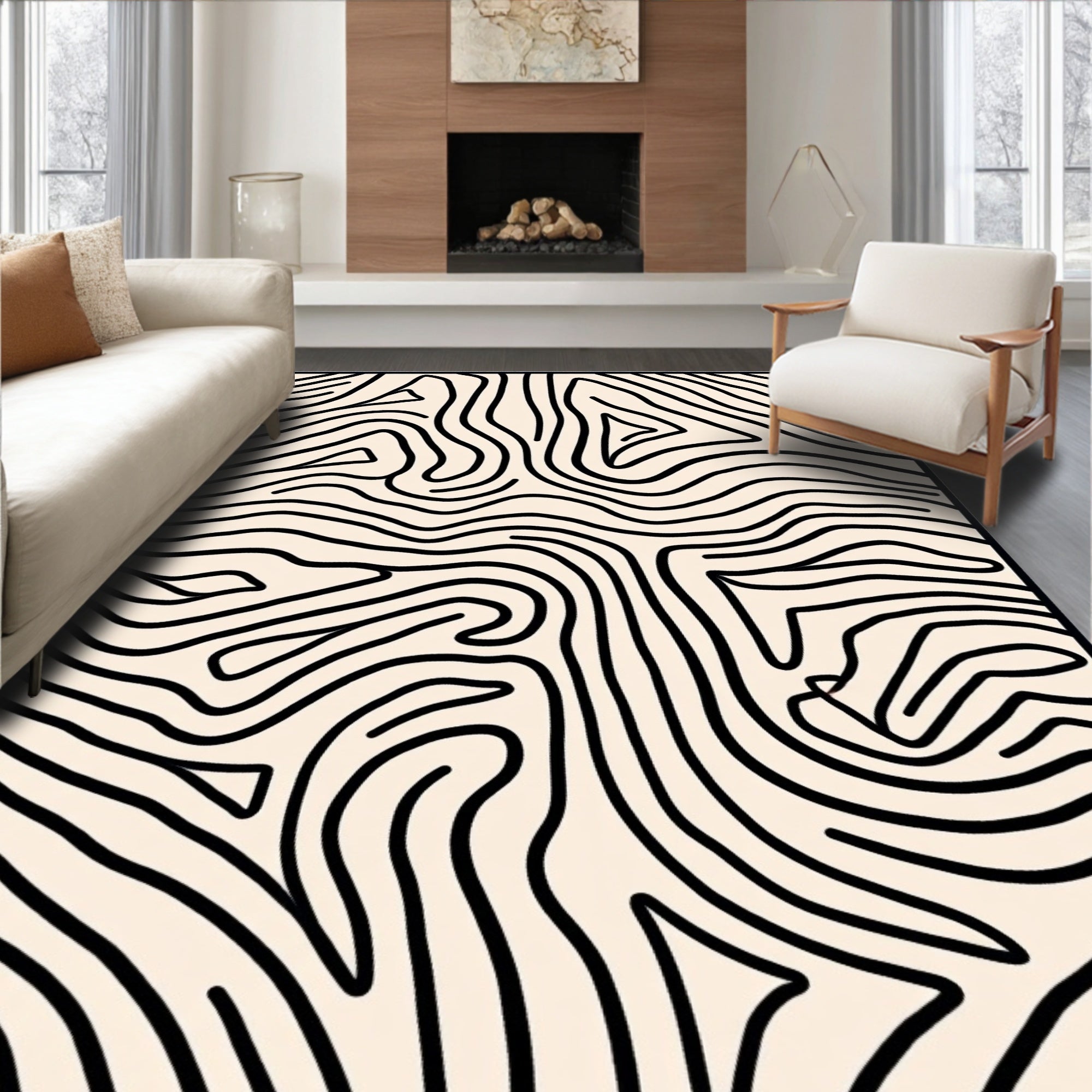 Abstract Wavy Black Contour Rug