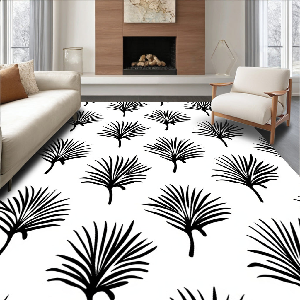 Black Palm Frond Patterned Design Rug