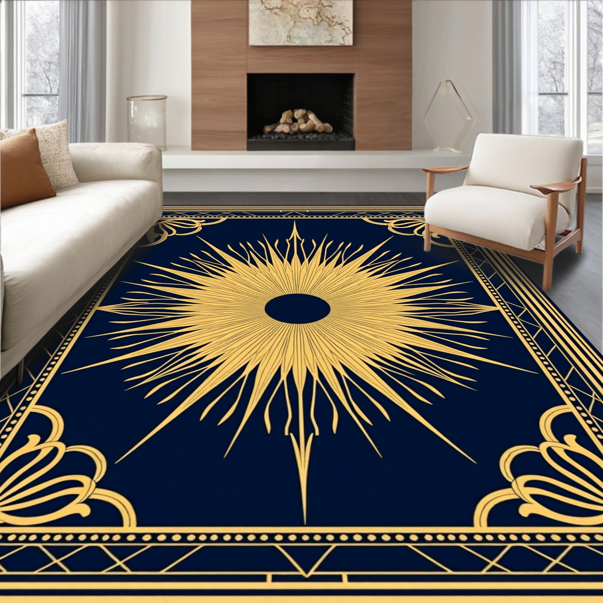 Golden Sun Burst Art Deco Rug