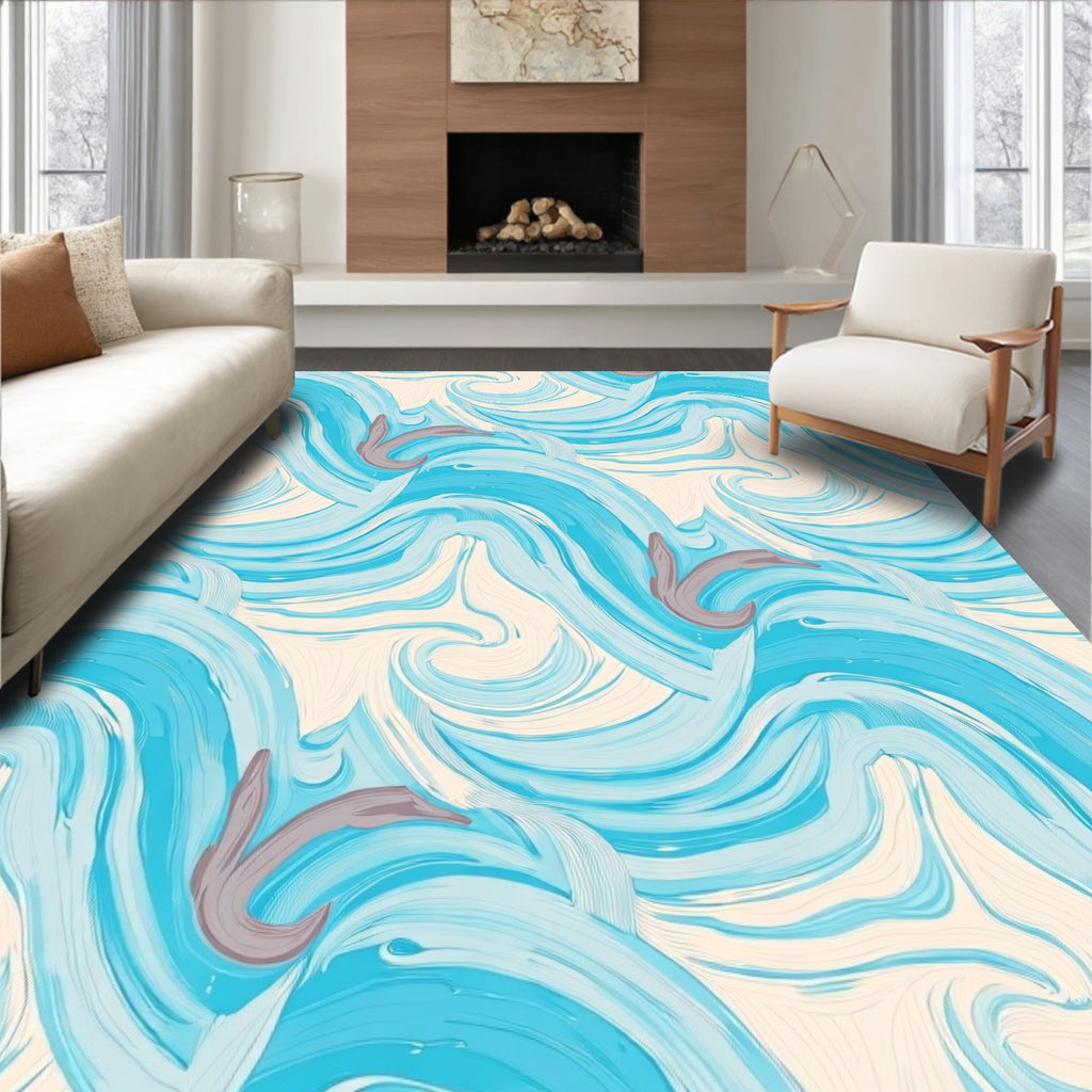 Abstract Blue Wave Whimsical Pattern Rug