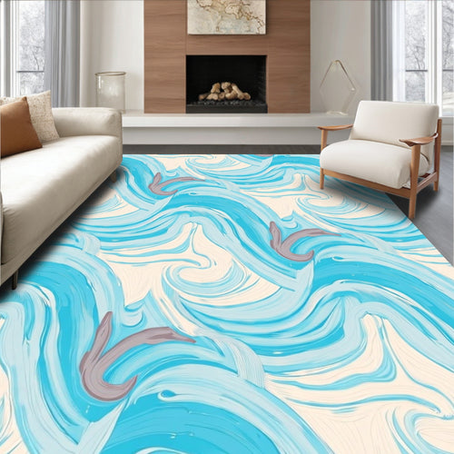 Abstract Blue Wave Whimsical Pattern Rug