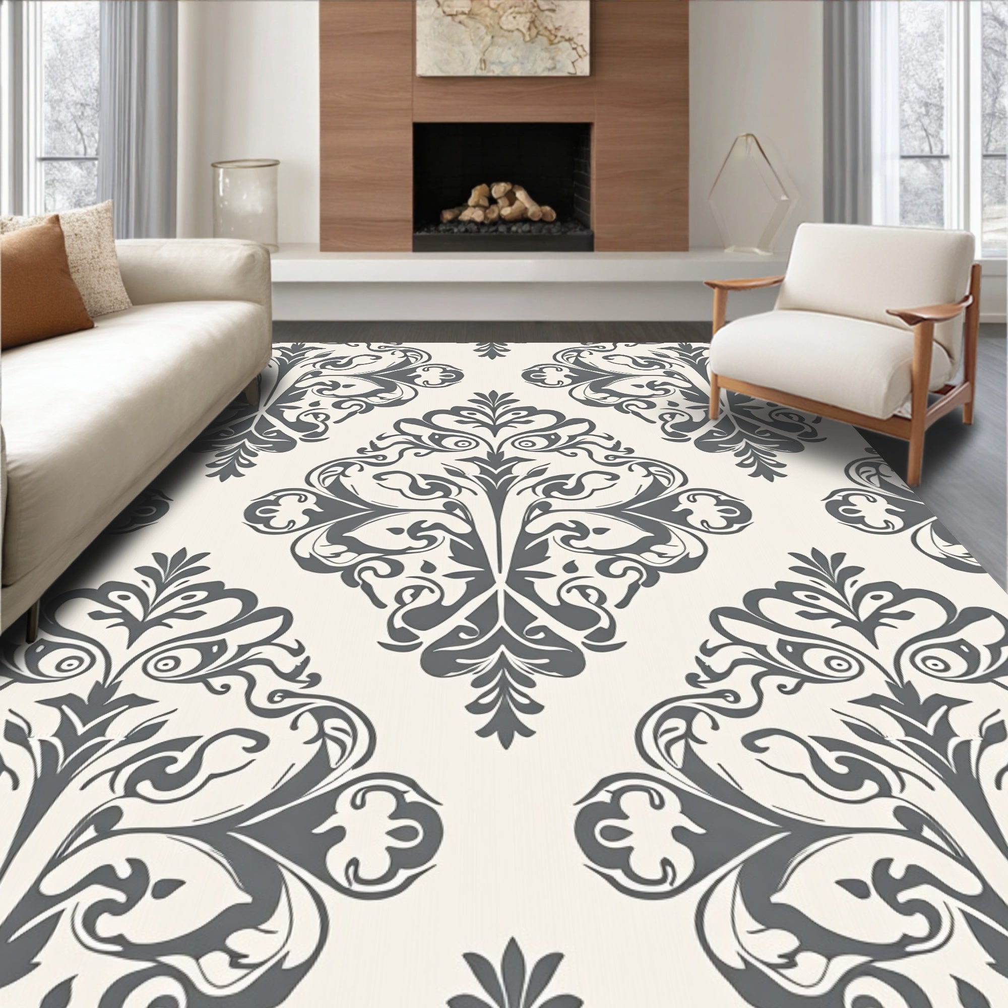 Classic Grey Damask Floral Pattern Rug