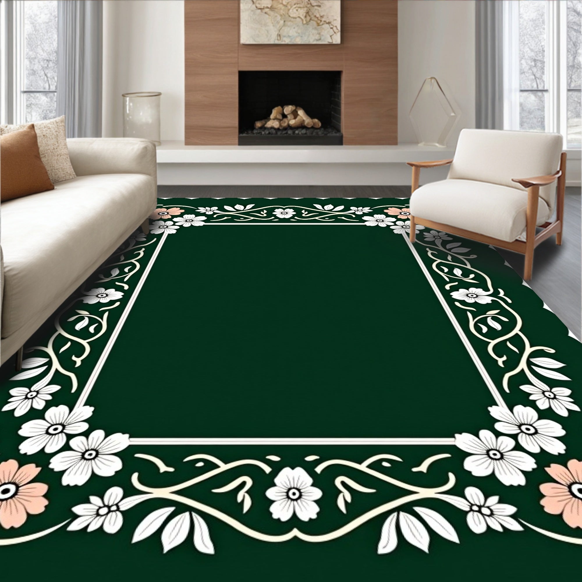 Floral Vine Frame Green Rug