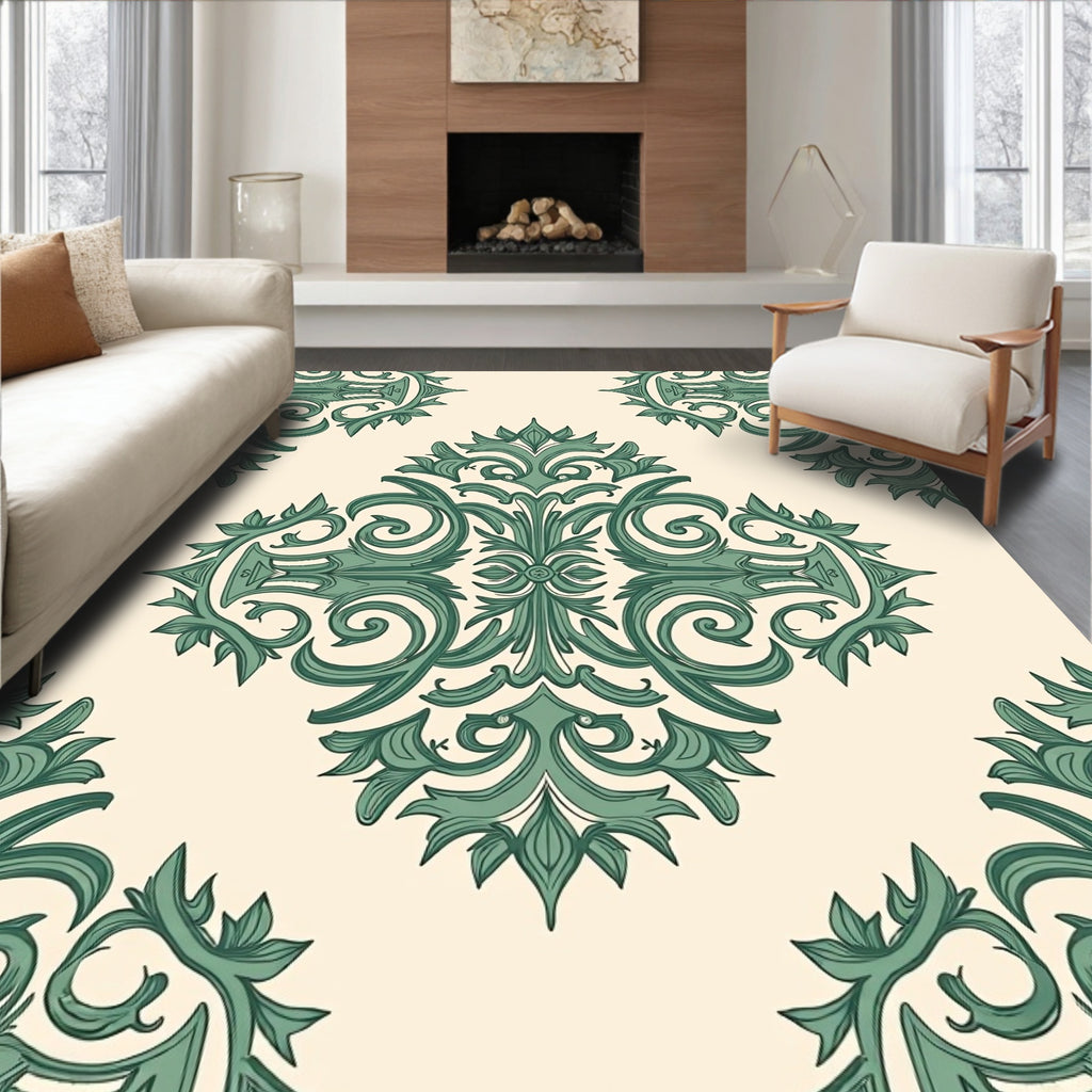 Classic Green Scrollwork Medallion Pattern Rug