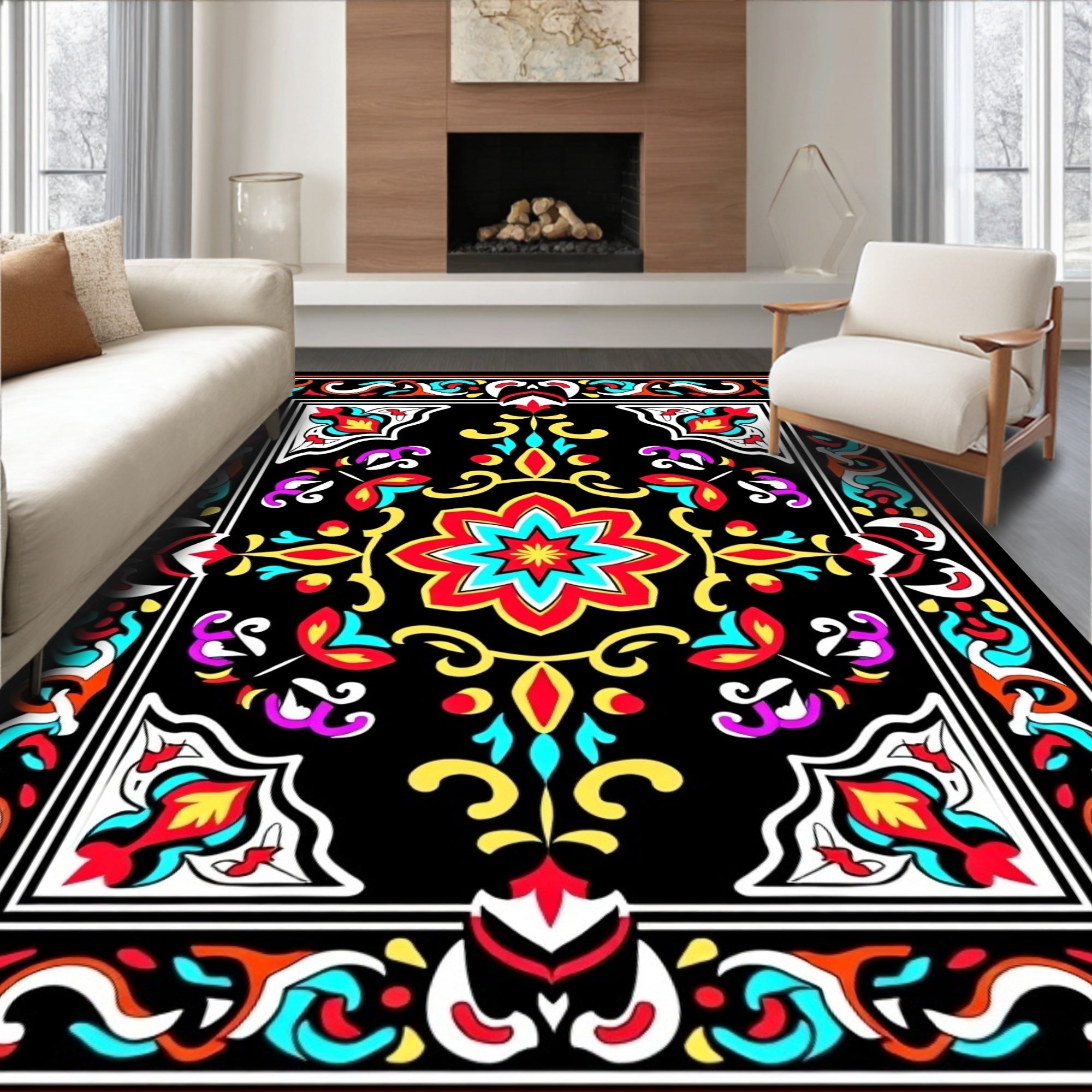 Vibrant Floral Scrollwork Medallion Rug