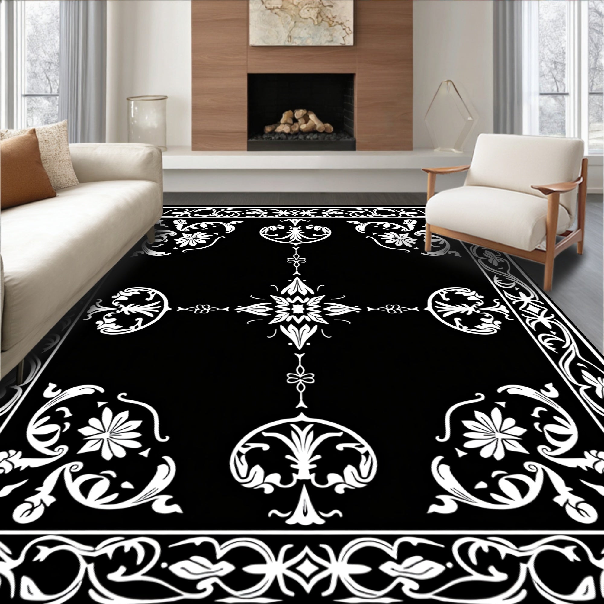Classic White Floral Intricate Scroll Rug