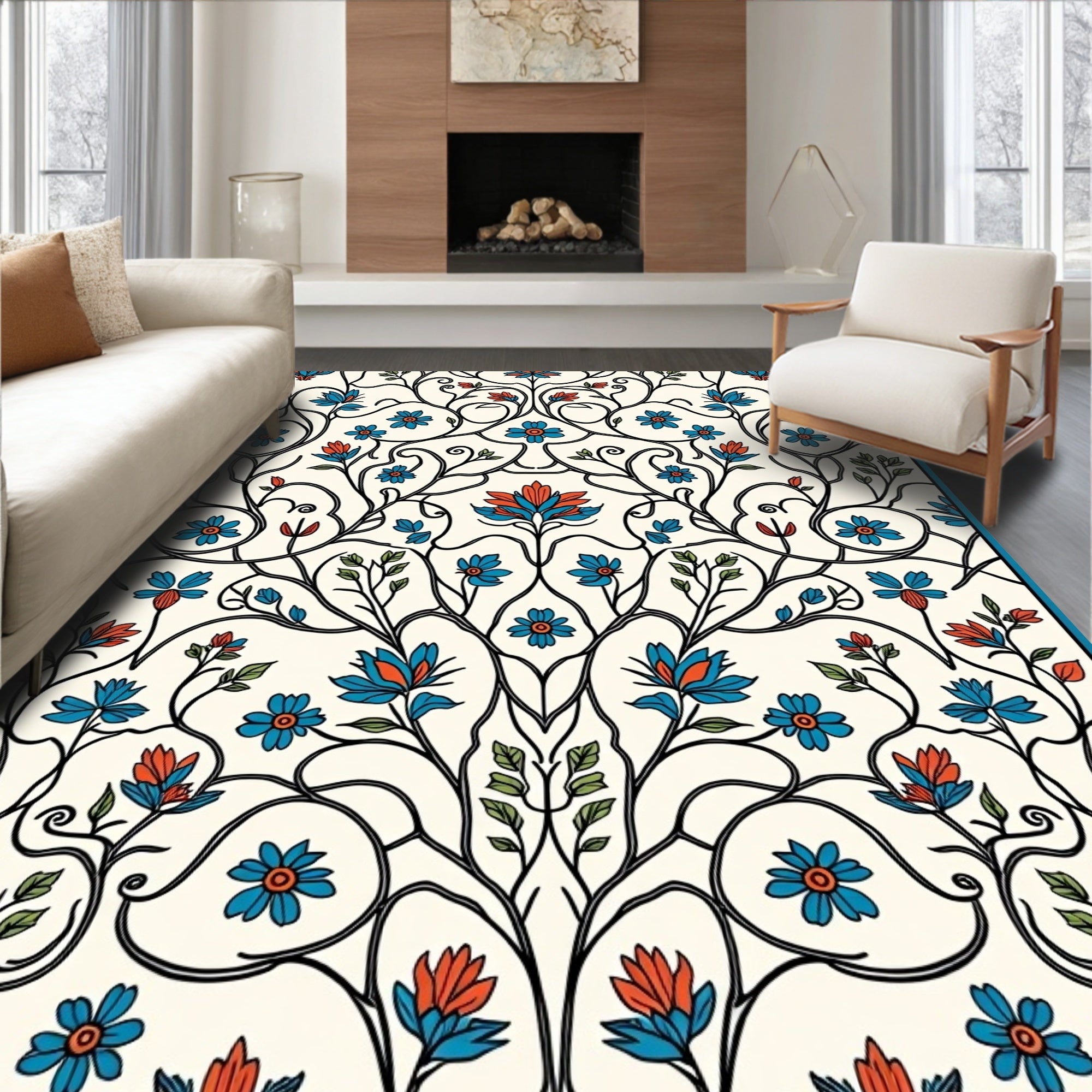 Intricate Floral Vines Cream Rug