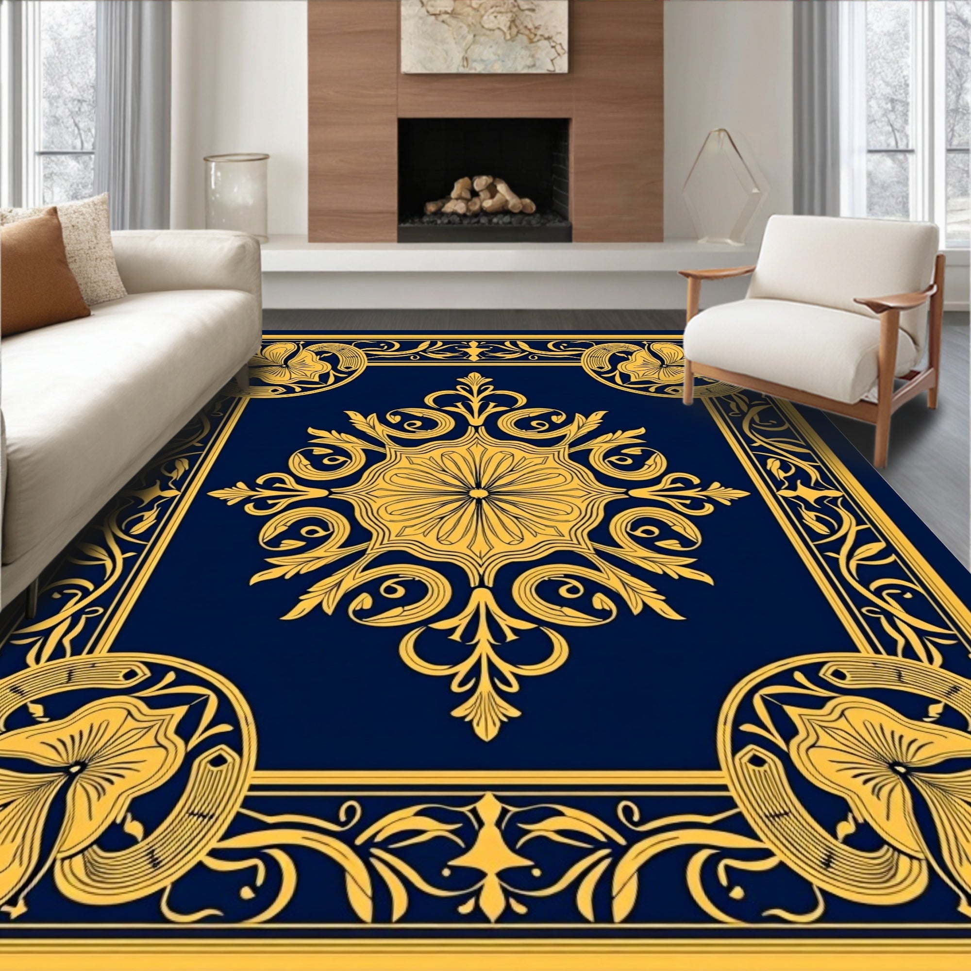 Elegant Golden Floral Border Design Rug