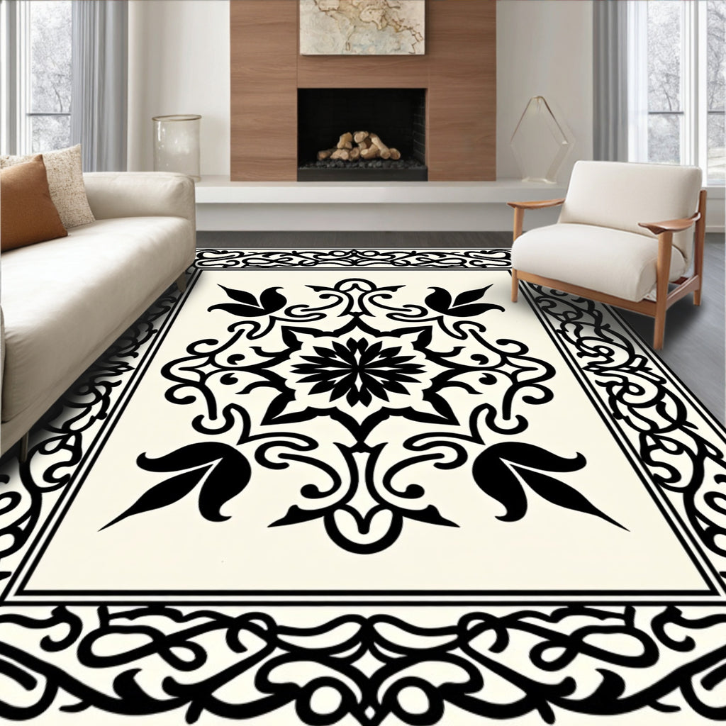 Classic Black White Floral Scroll Rug
