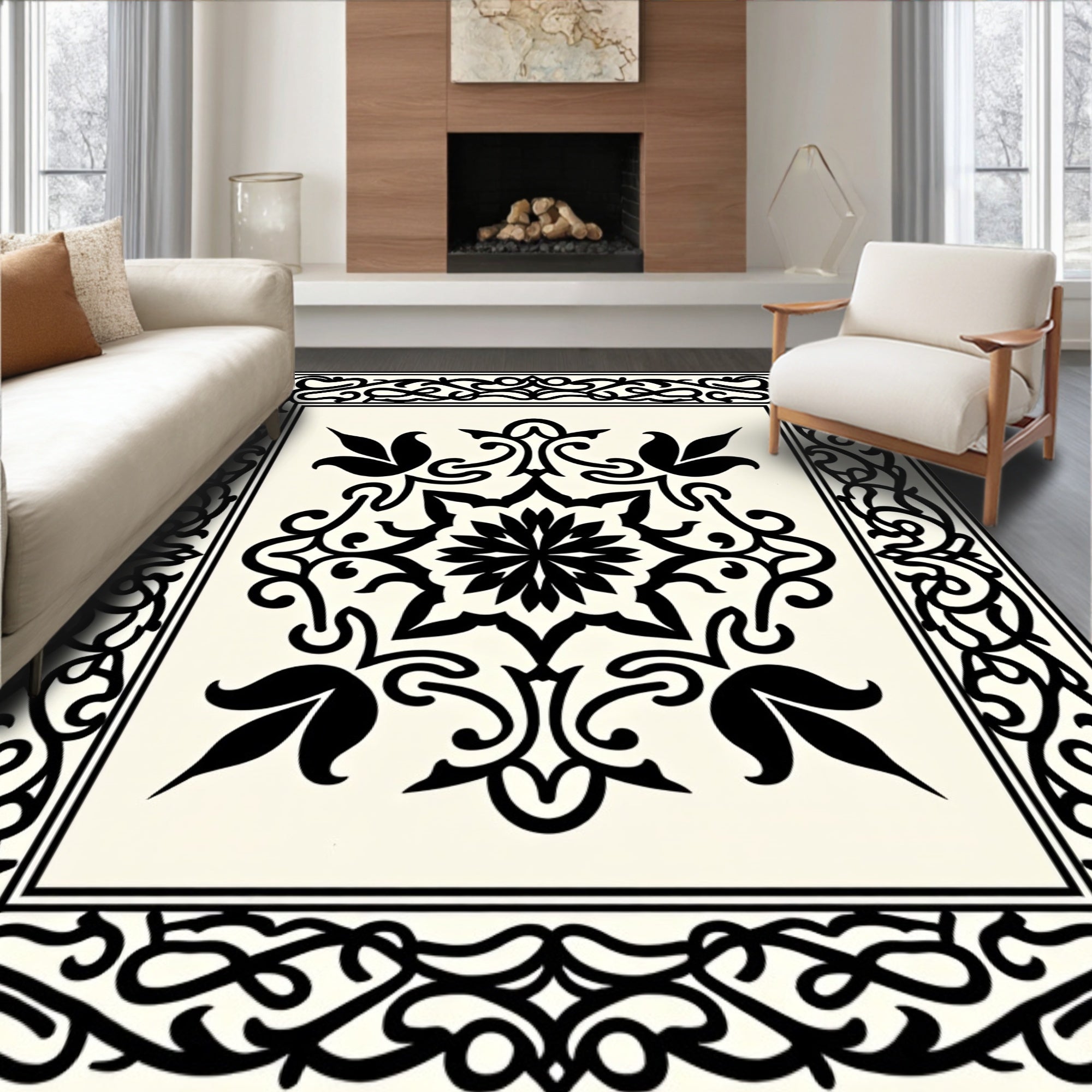 Classic Black White Floral Scroll Rug