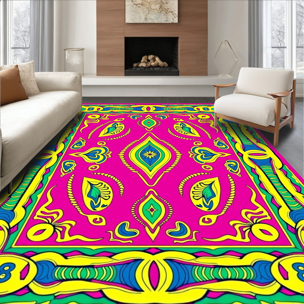Vibrant Pink Yellow Blue Abstract Ovals Rug