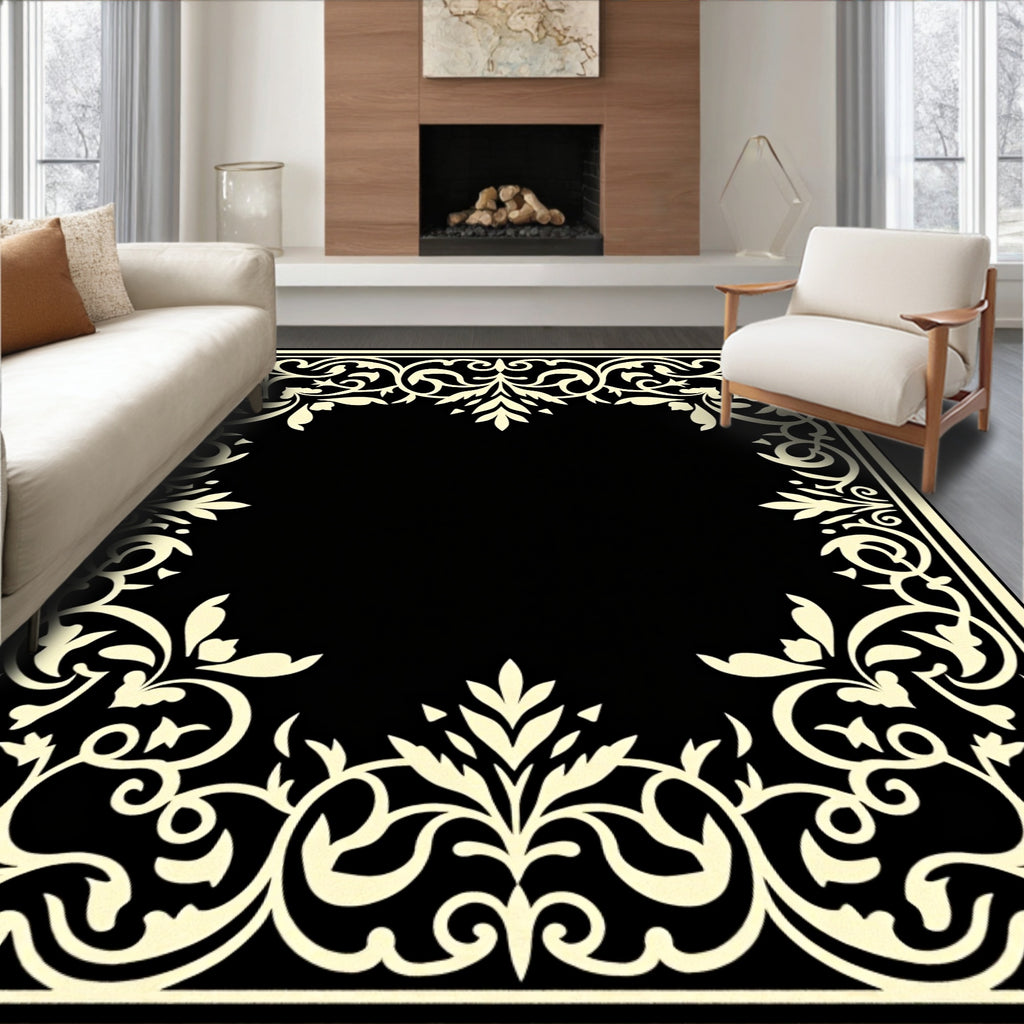 Ornate Scrollwork Black Ivory Corner Design Rug