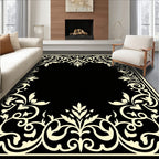 Ornate Scrollwork Black Ivory Corner Design Rug