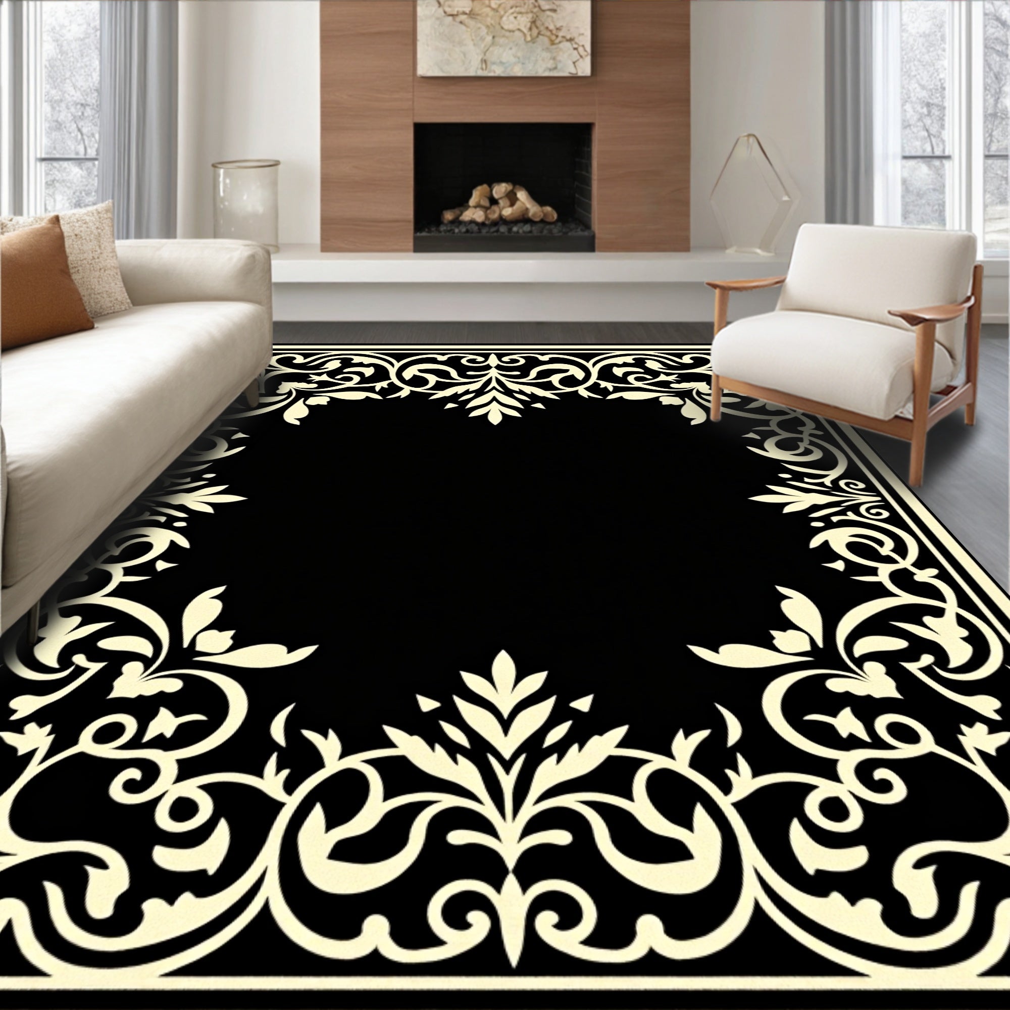 Ornate Scrollwork Black Ivory Corner Design Rug