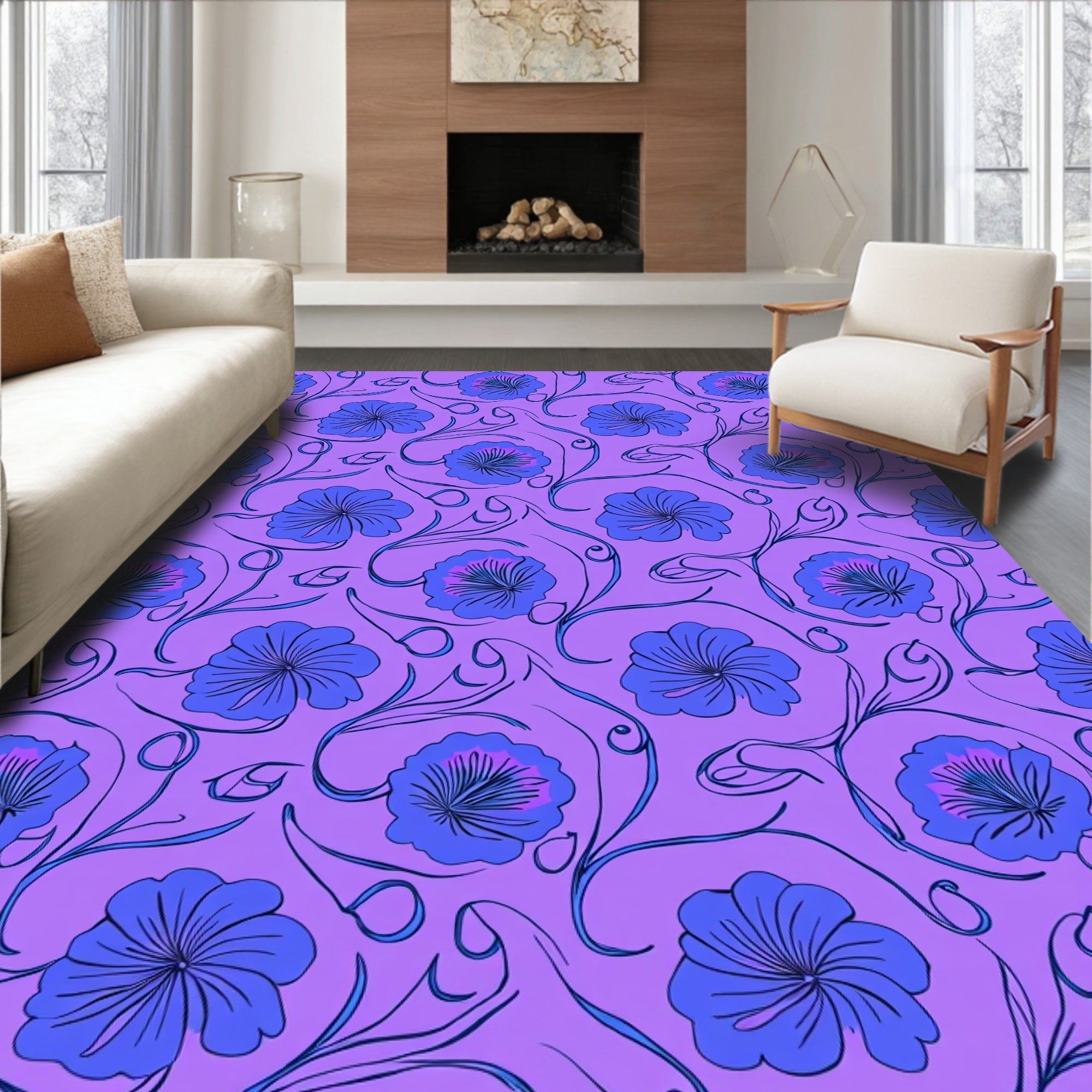 Purple Floral Swirl Pattern Accent Pillow Rug