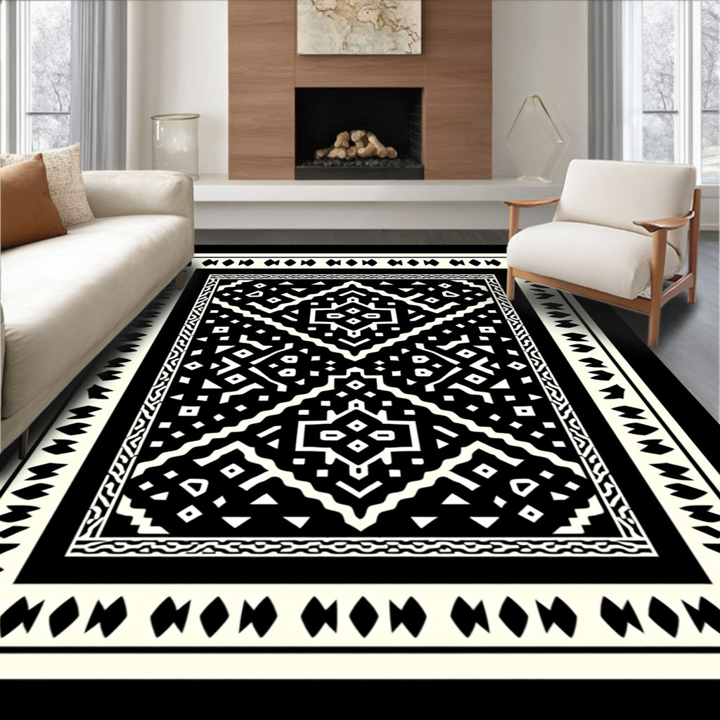 Geometric Tribal Black White Pattern Rug