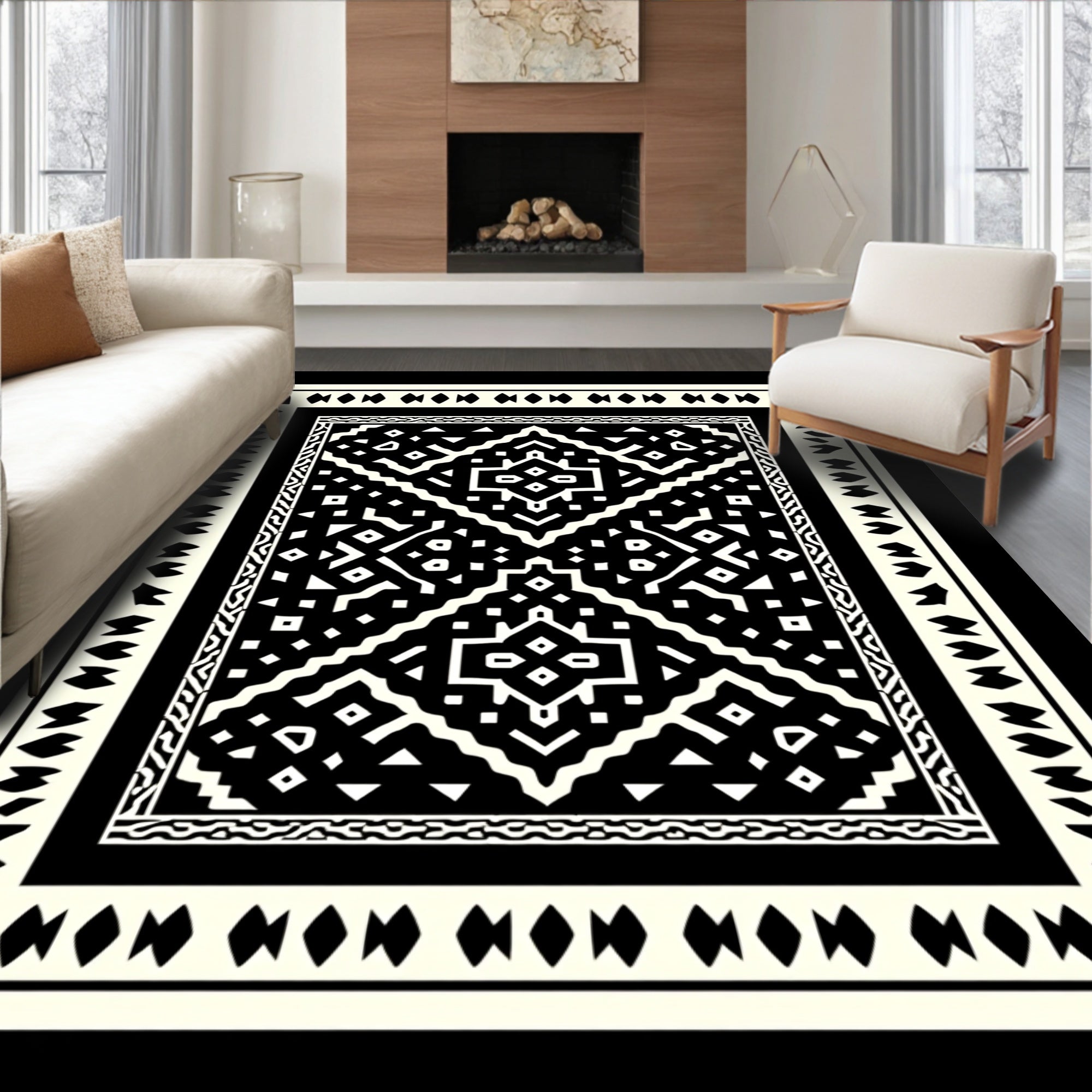 Geometric Tribal Black White Pattern Rug