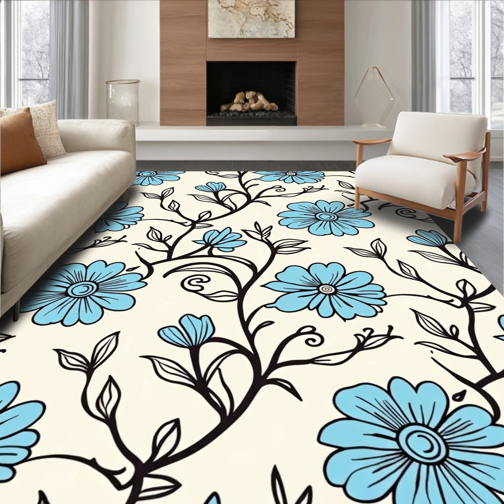 Blue Floral Swirl Pattern Rug