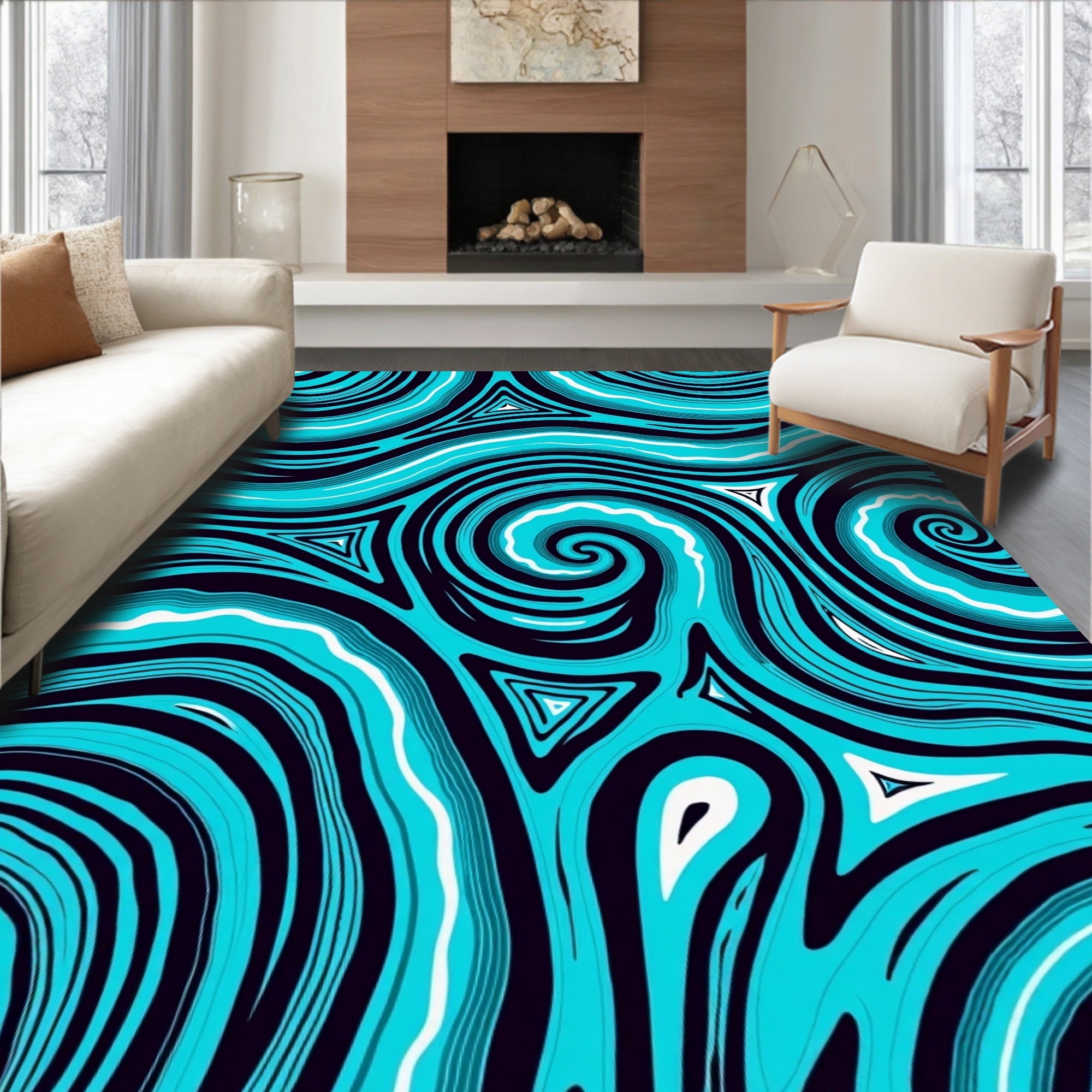 Abstract Teal Swirl Triangles Rug