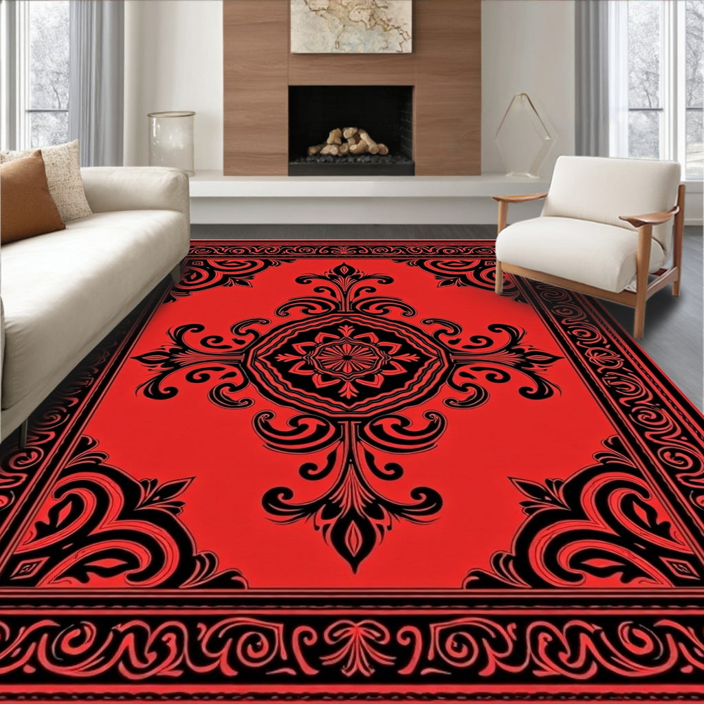 Bold Red Black Floral Medallion Rug