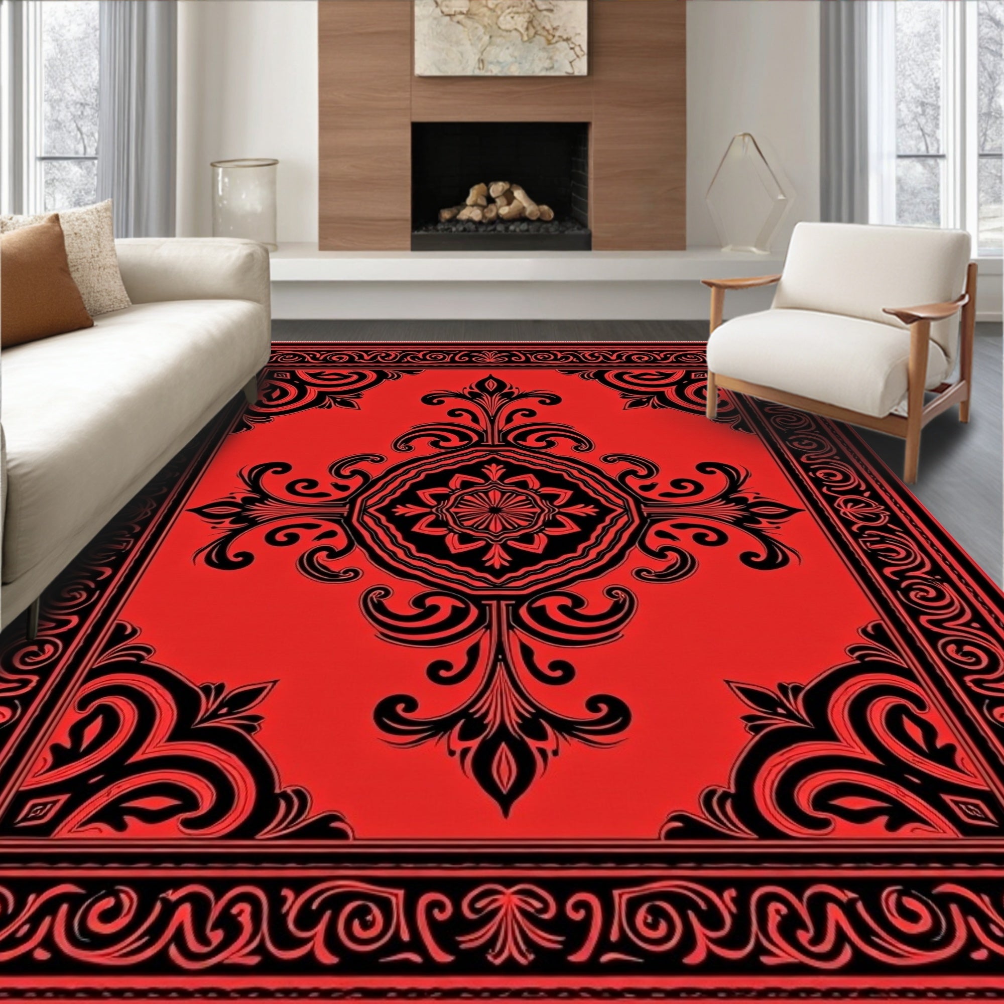 Bold Red Black Floral Medallion Rug
