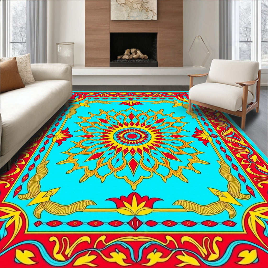 Vibrant Floral Burst Sun Border Design Rug