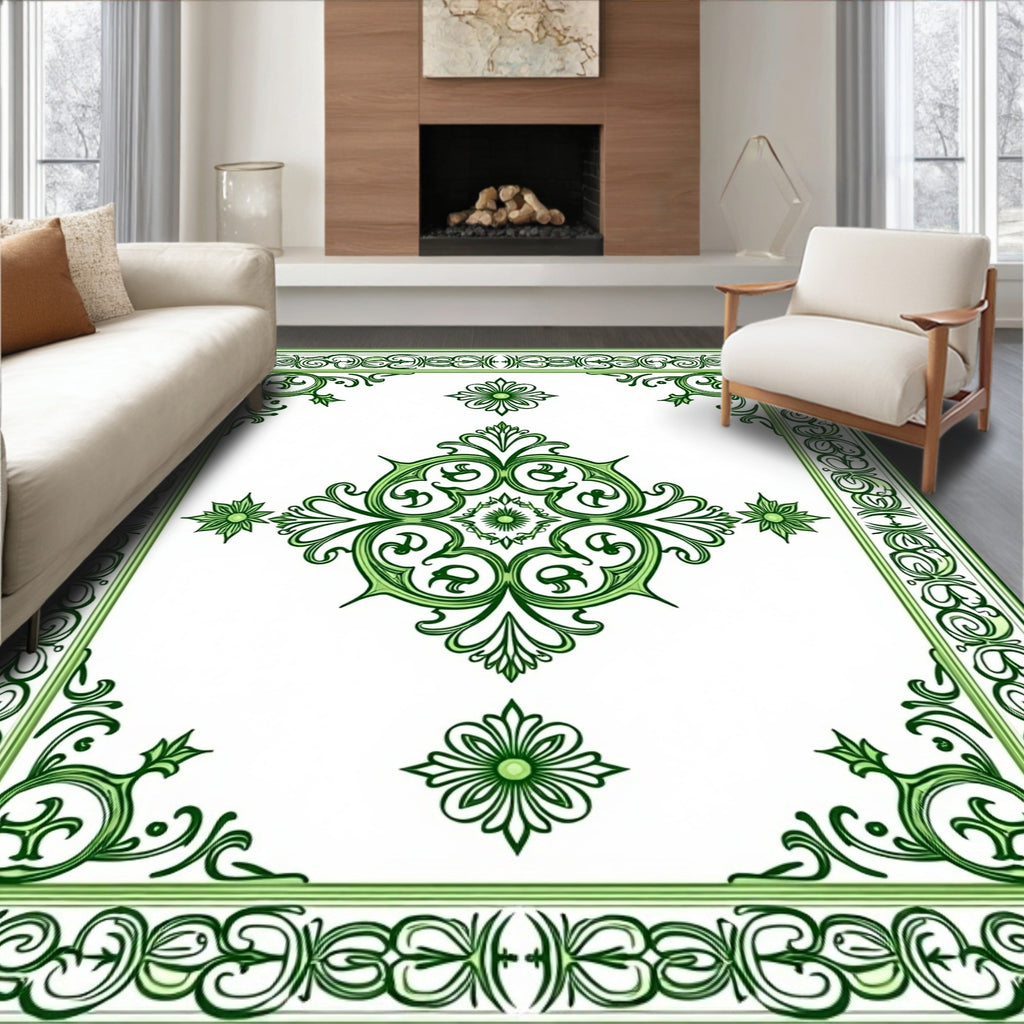 Elegant Green Floral Border Design Rug